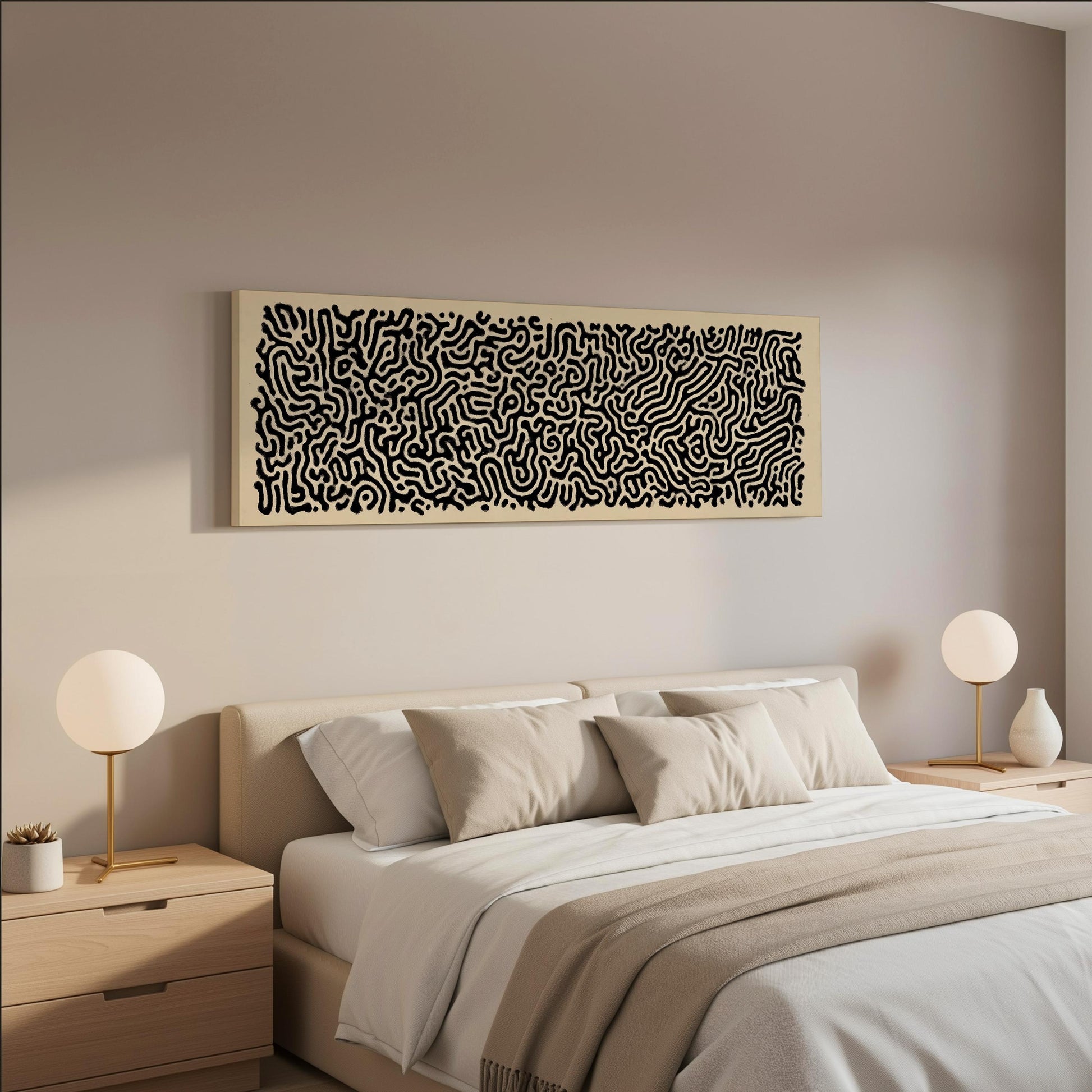 a modern bedroom with a large bed, two nightstands with lamps, and a framed abstract artwork hanging on the wall above the bed.