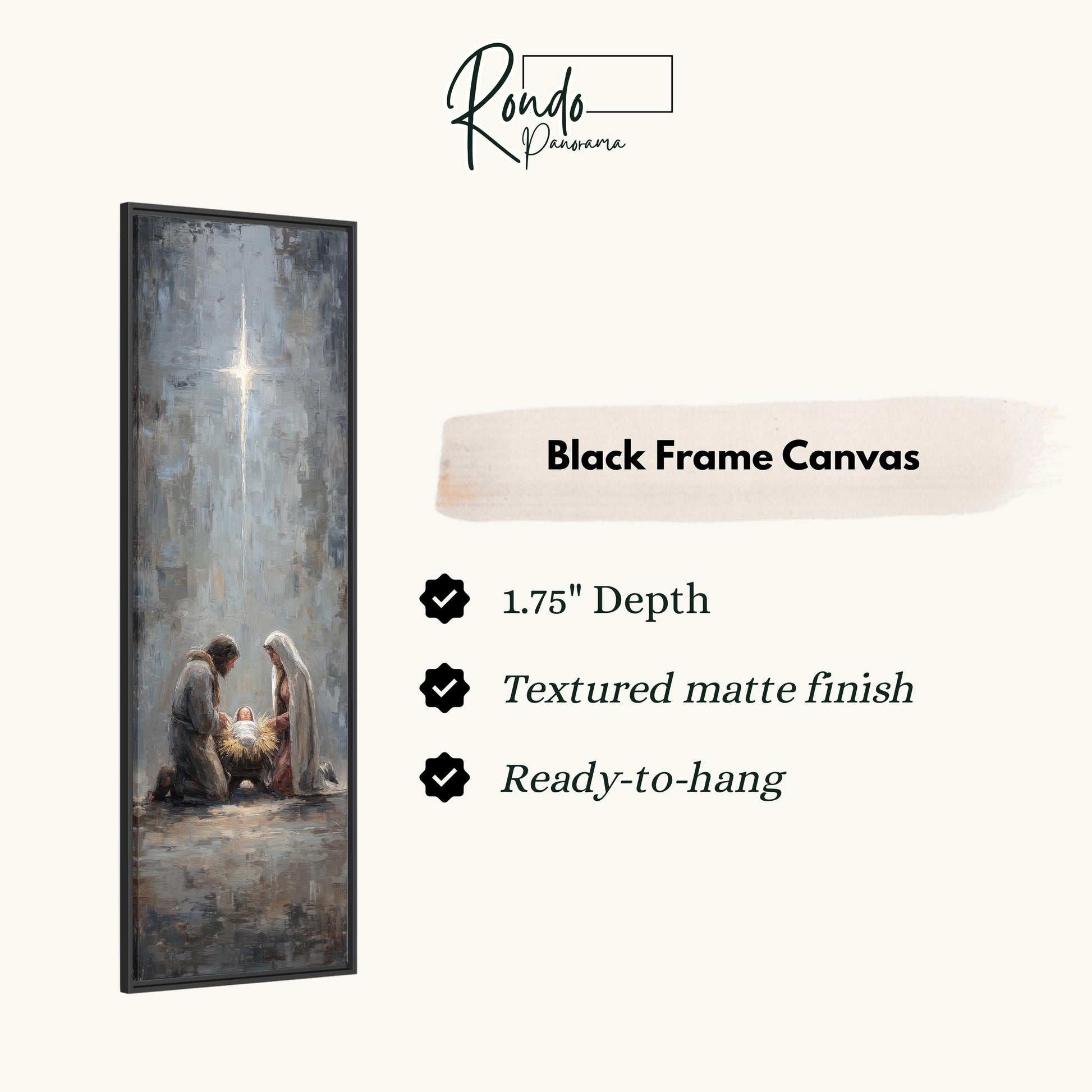 The image is a black frame canvas depicting a painting of a nativity scene with a man, a woman, and a baby.