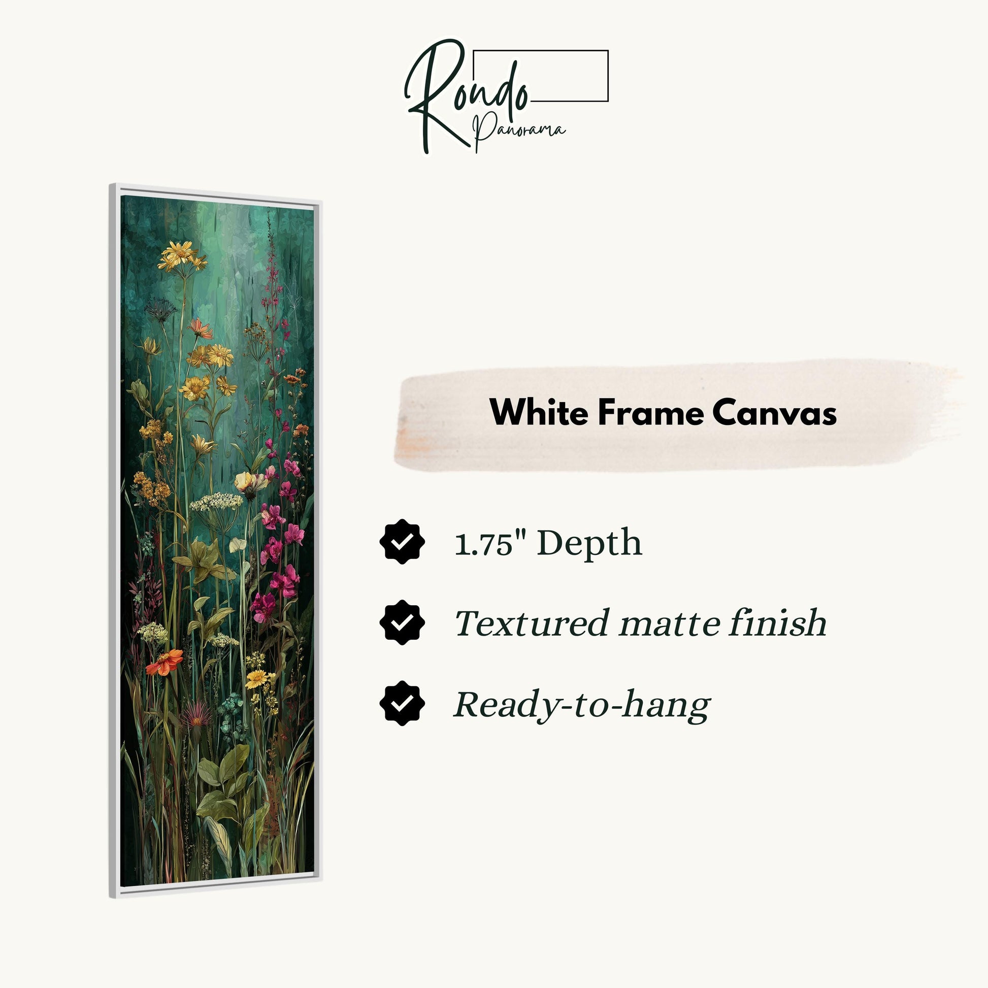 The image is a white frame canvas featuring a painting of a lush green field with tall grass and colorful flowers.