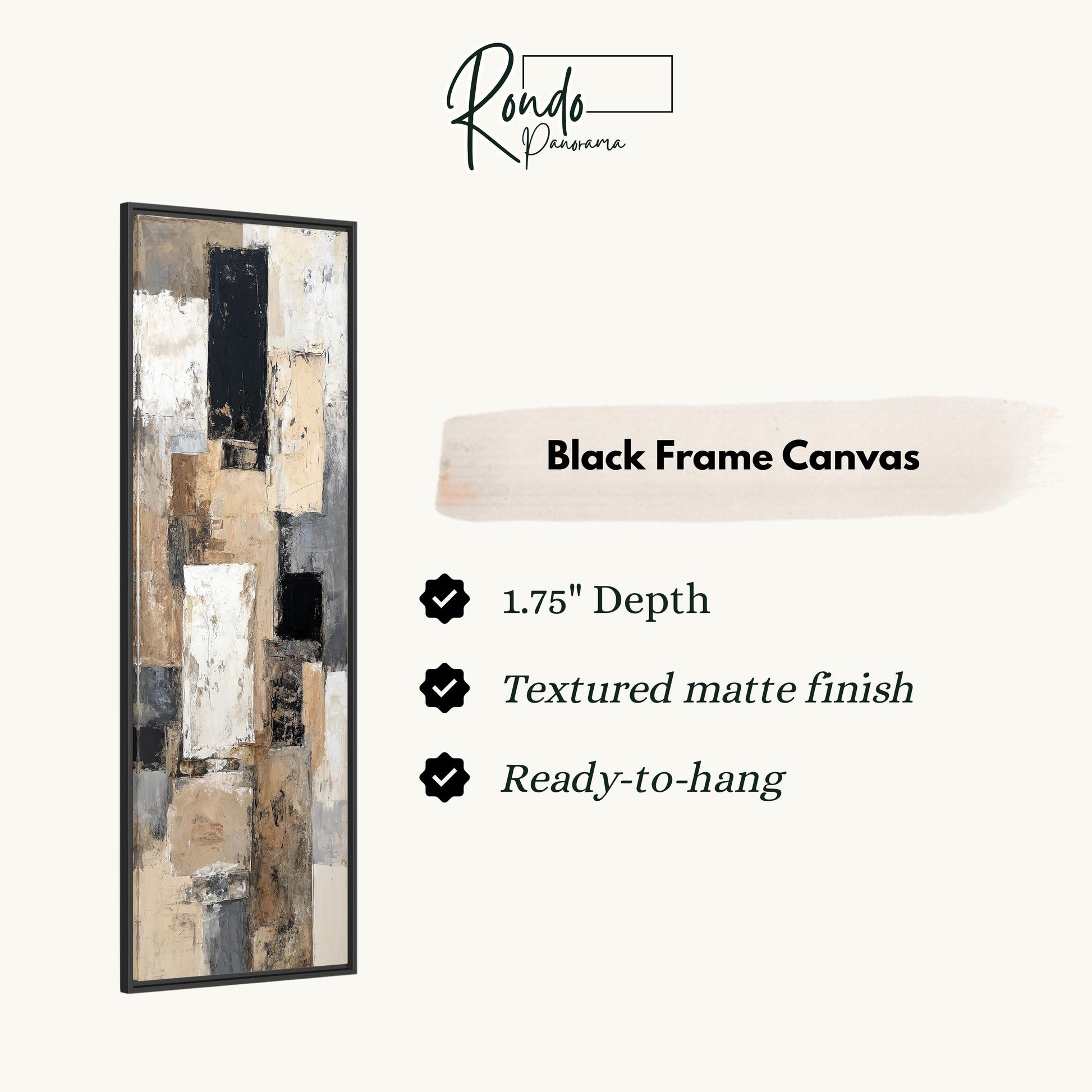 The image is a product description for a black frame canvas. It features a black frame canvas with a textured matte finish and a depth of 1.75 inches. The canvas is ready to hang.