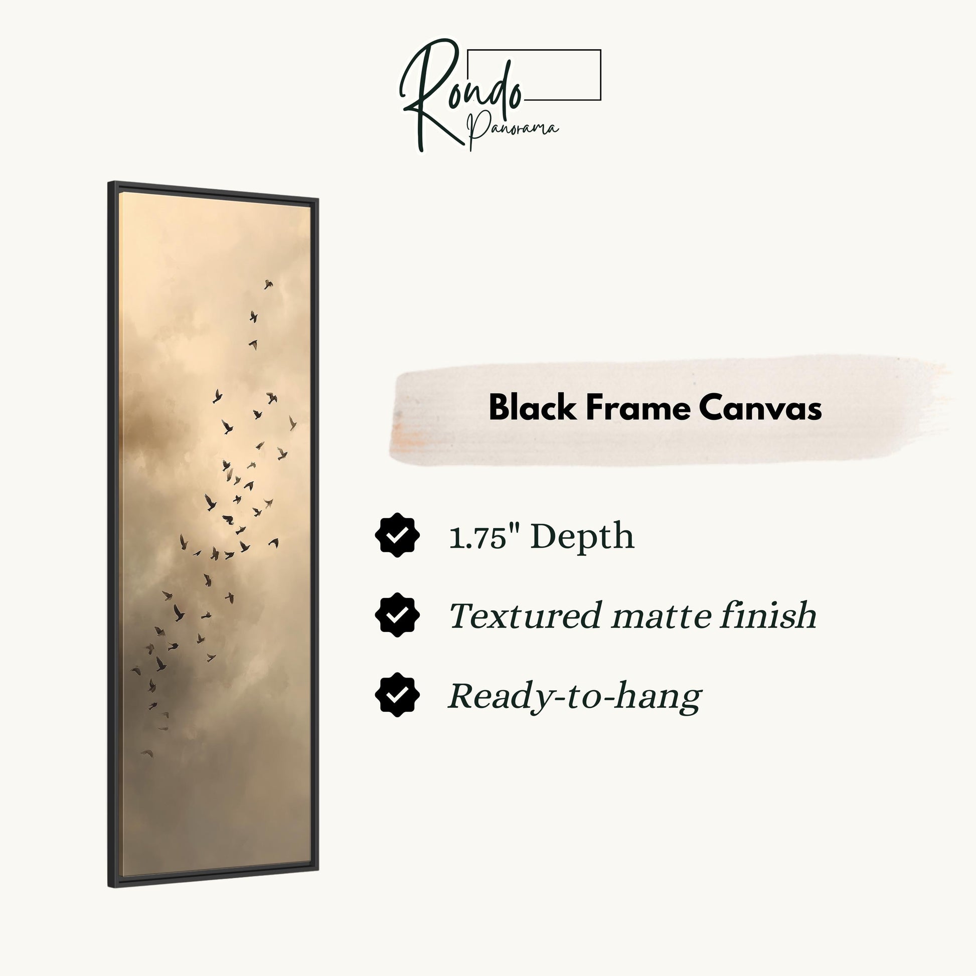 The image is a black frame canvas with a flock of birds depicted on it.