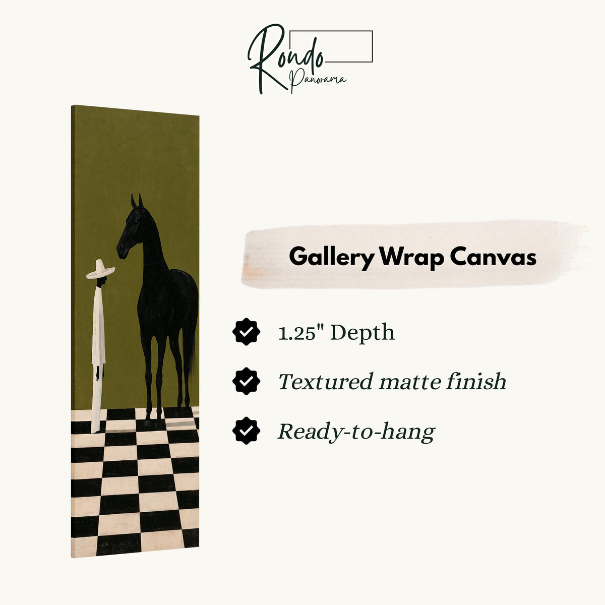 Black horse and figure on a checkerboard floor gallery wrap canvas with the image wrapped around the edges