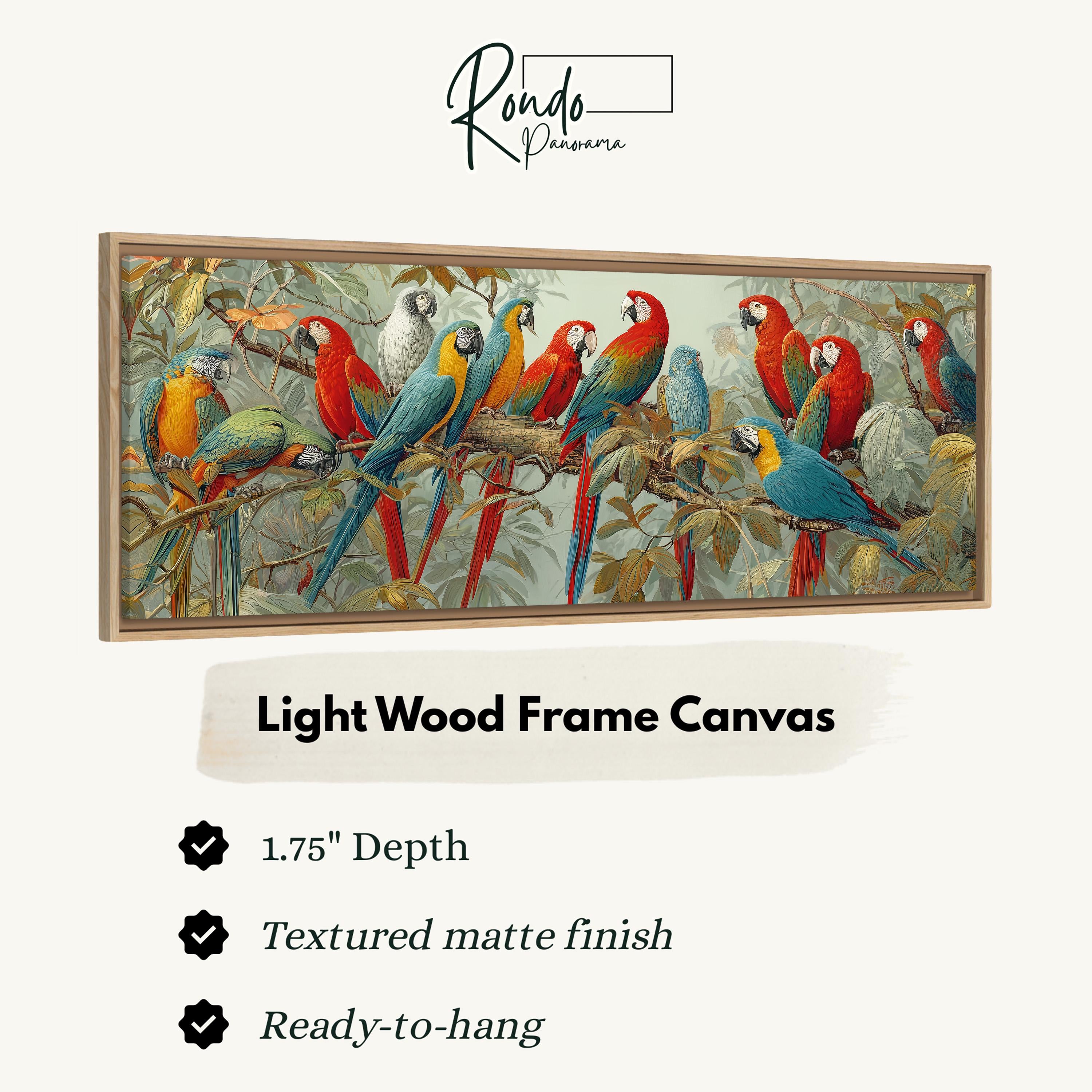 The image is a framed canvas depicting a group of colorful parrots perched on branches.