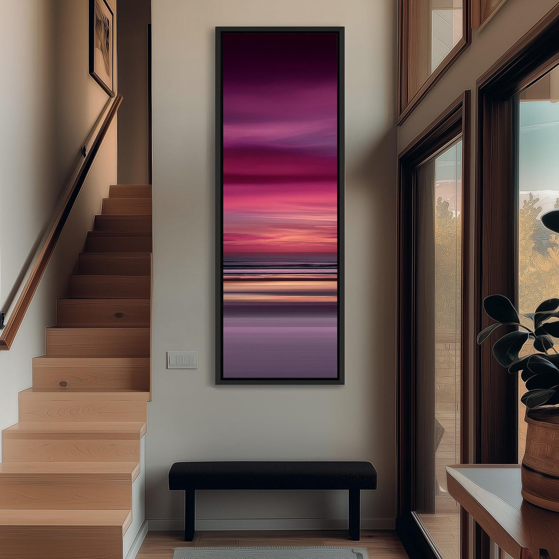 a modern interior design with a large window, a wooden staircase, and a black bench. The focal point is a large painting depicting a sunset over the ocean, with a gradient of pink and purple colors.