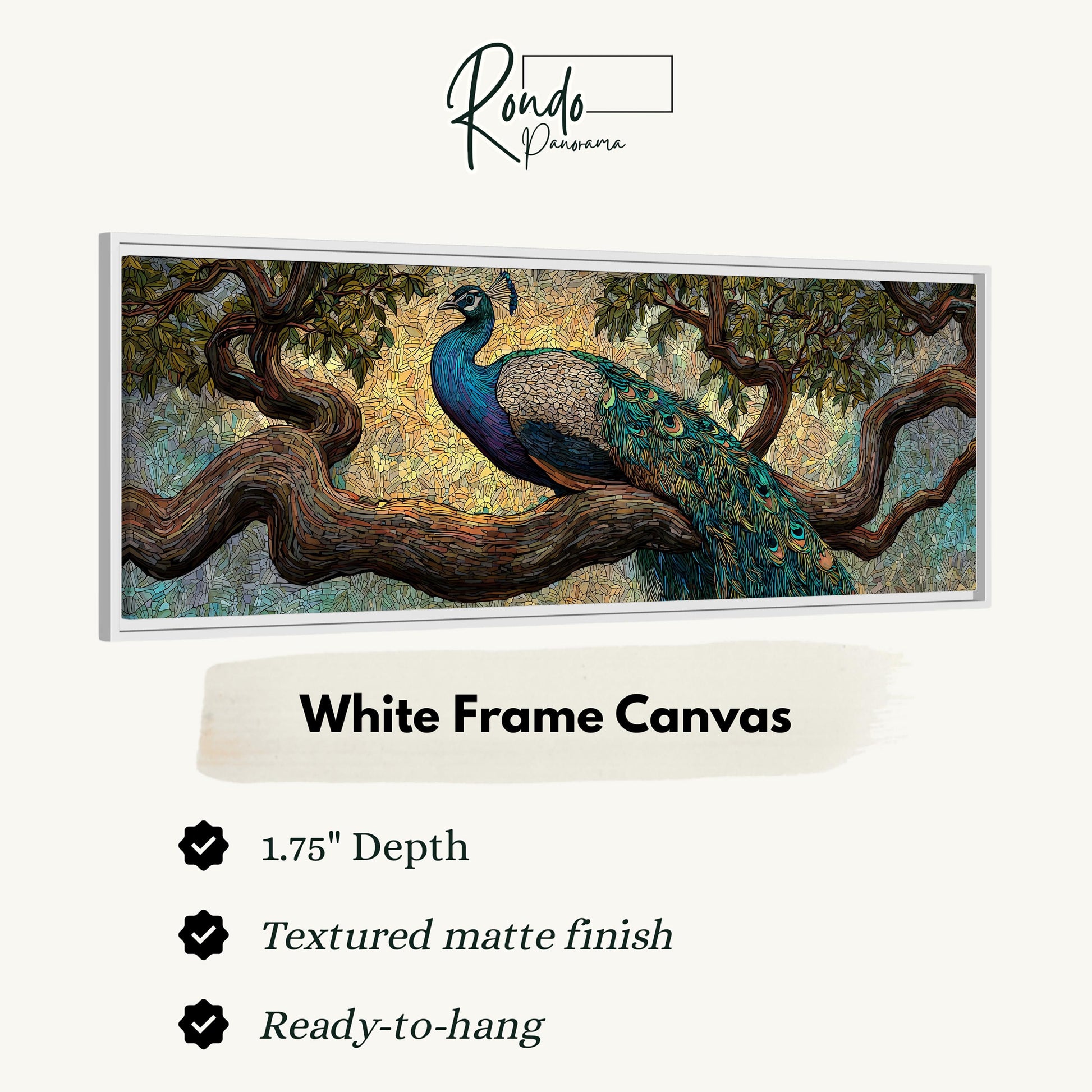 The image is a framed painting of a peacock perched on a tree branch.