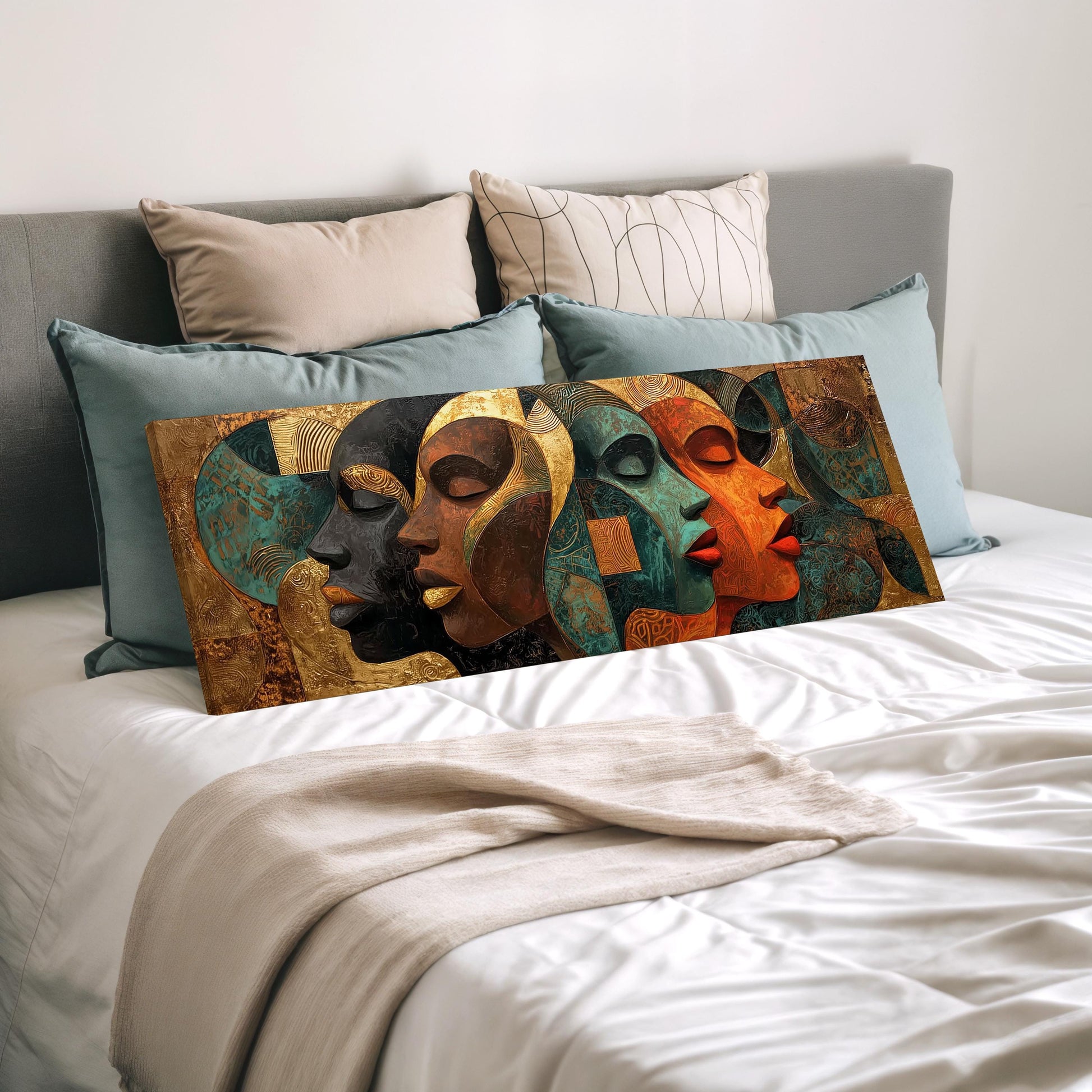 a large abstract painting of four colorful faces arranged in a row on a bed, with a gray headboard and pillows in the background.