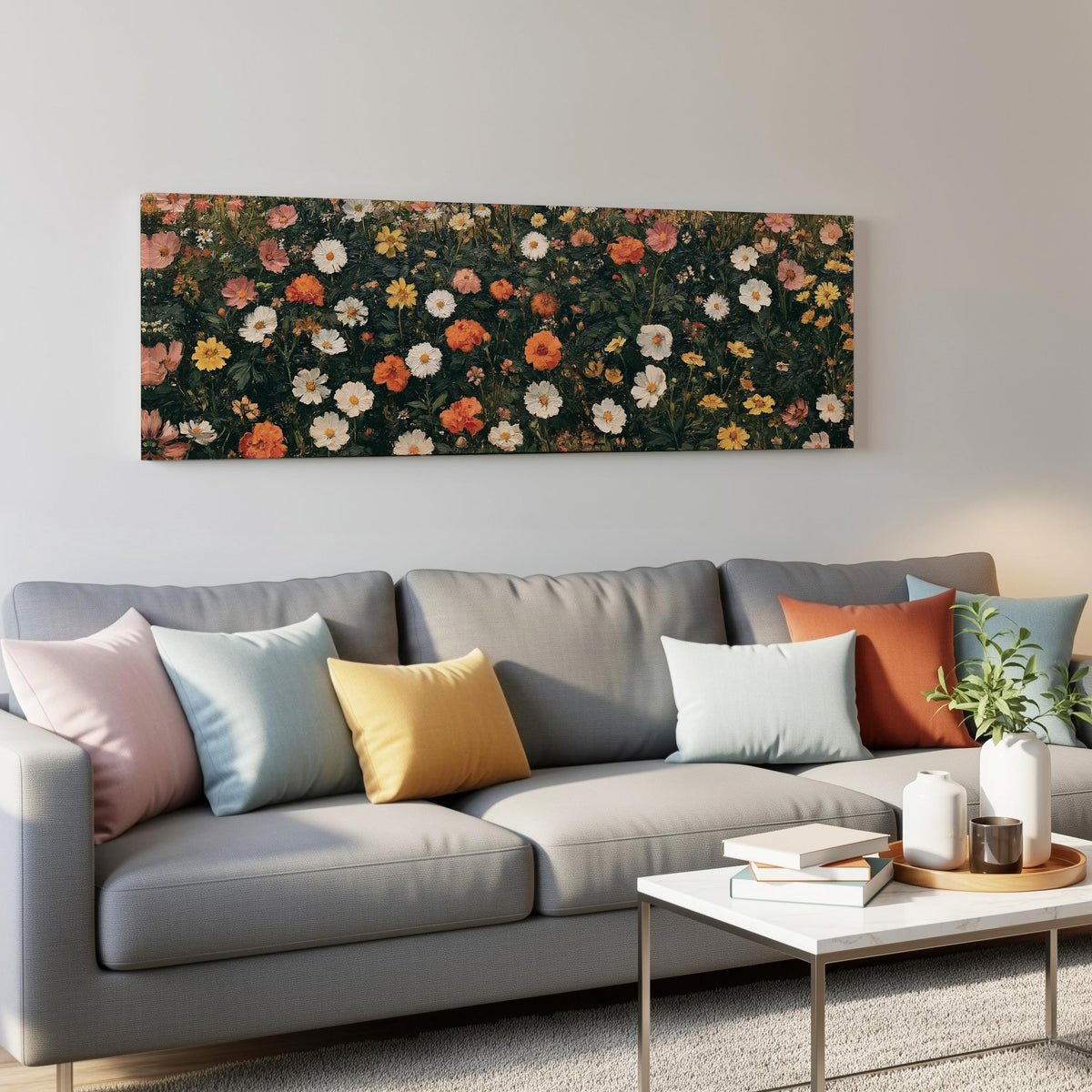 Blooming floral tapestry on dark green panoramic canvas print above a grey sofa in a living room