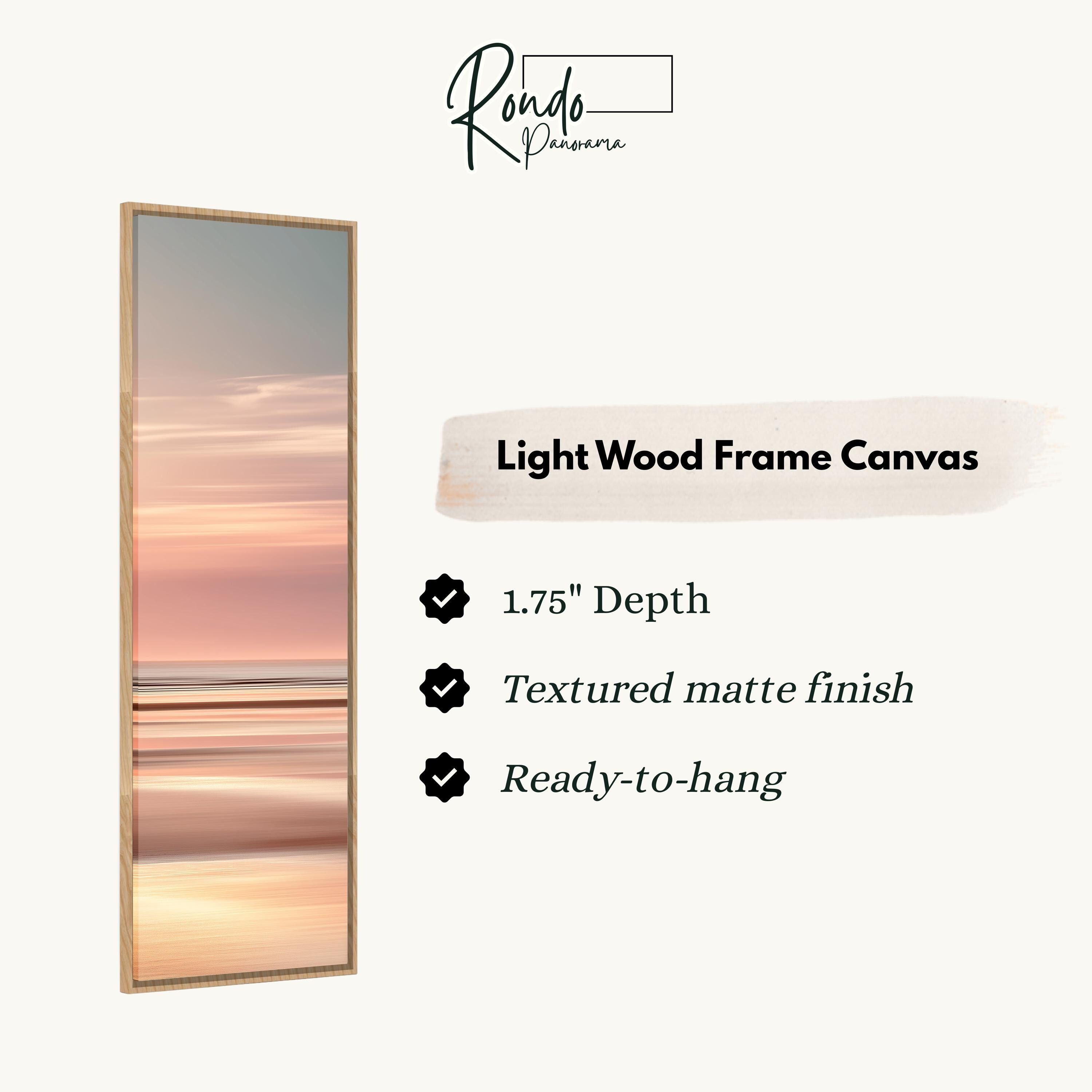 The image is a product description for a light wood frame canvas. It features a painting of a sunset over the ocean, with a 1.75" depth, textured matte finish, and ready-to-hang feature.