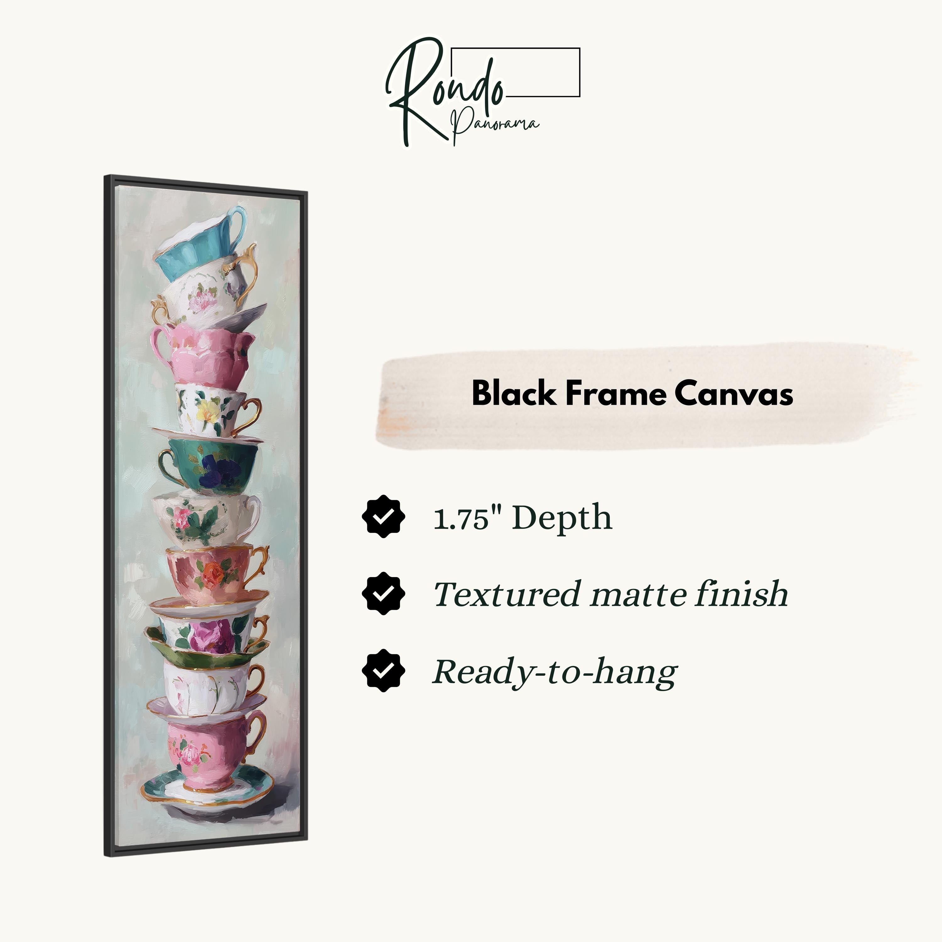 a tall stack of colorful teacups, with a black frame surrounding the artwork.