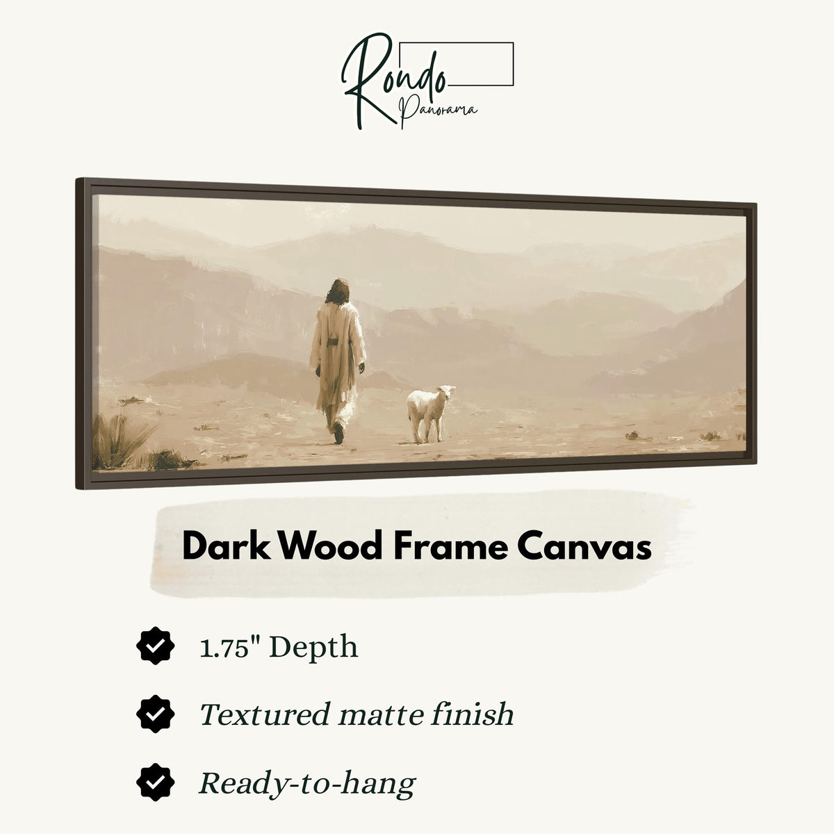 Jesus walking with a lamb through the desert canvas print in a dark wood floating frame
