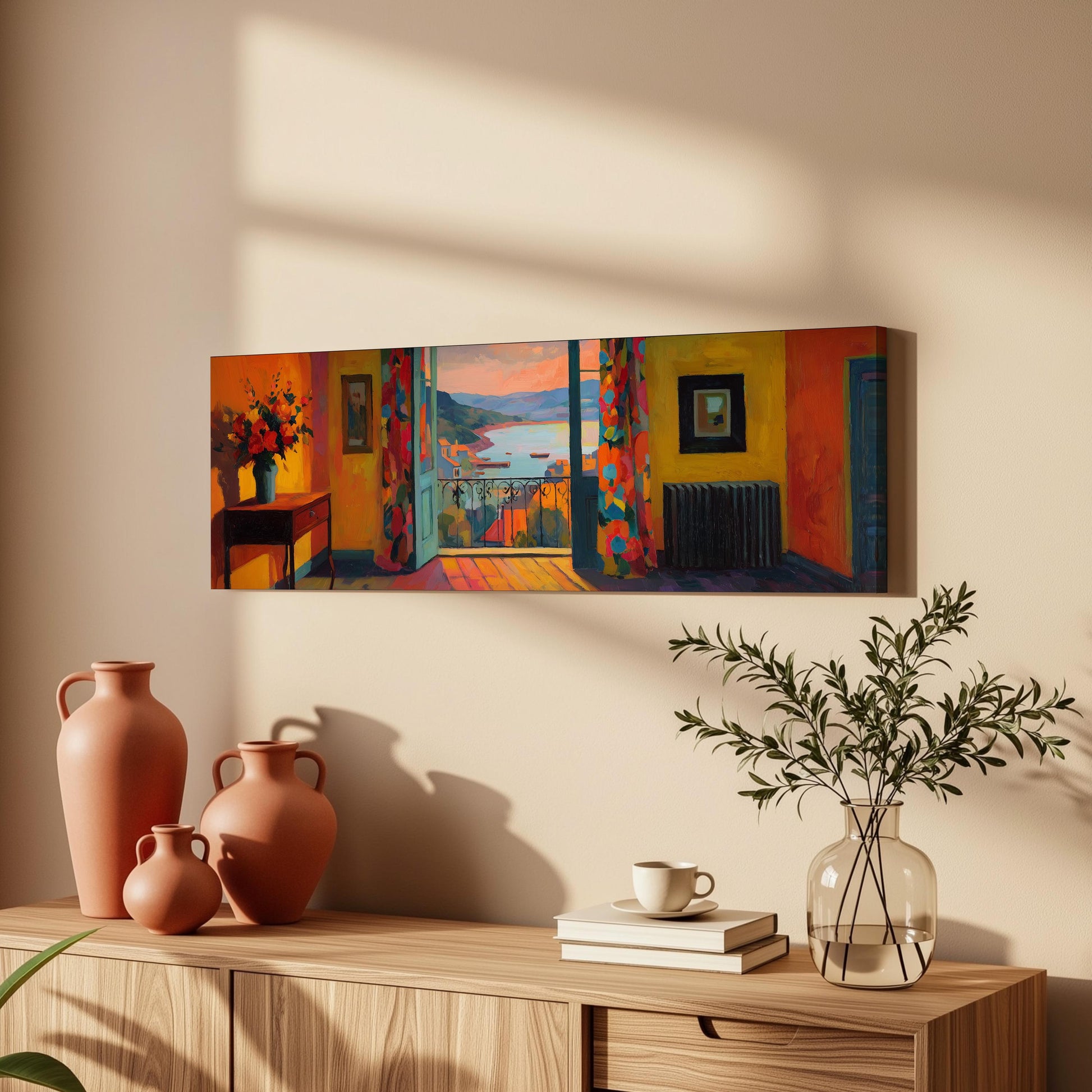 a vibrant painting of a colorful room with a balcony, hanging on a wall above a wooden dresser. The dresser has a vase, a plant, and a stack of books on it, creating a cozy and inviting atmosphere.