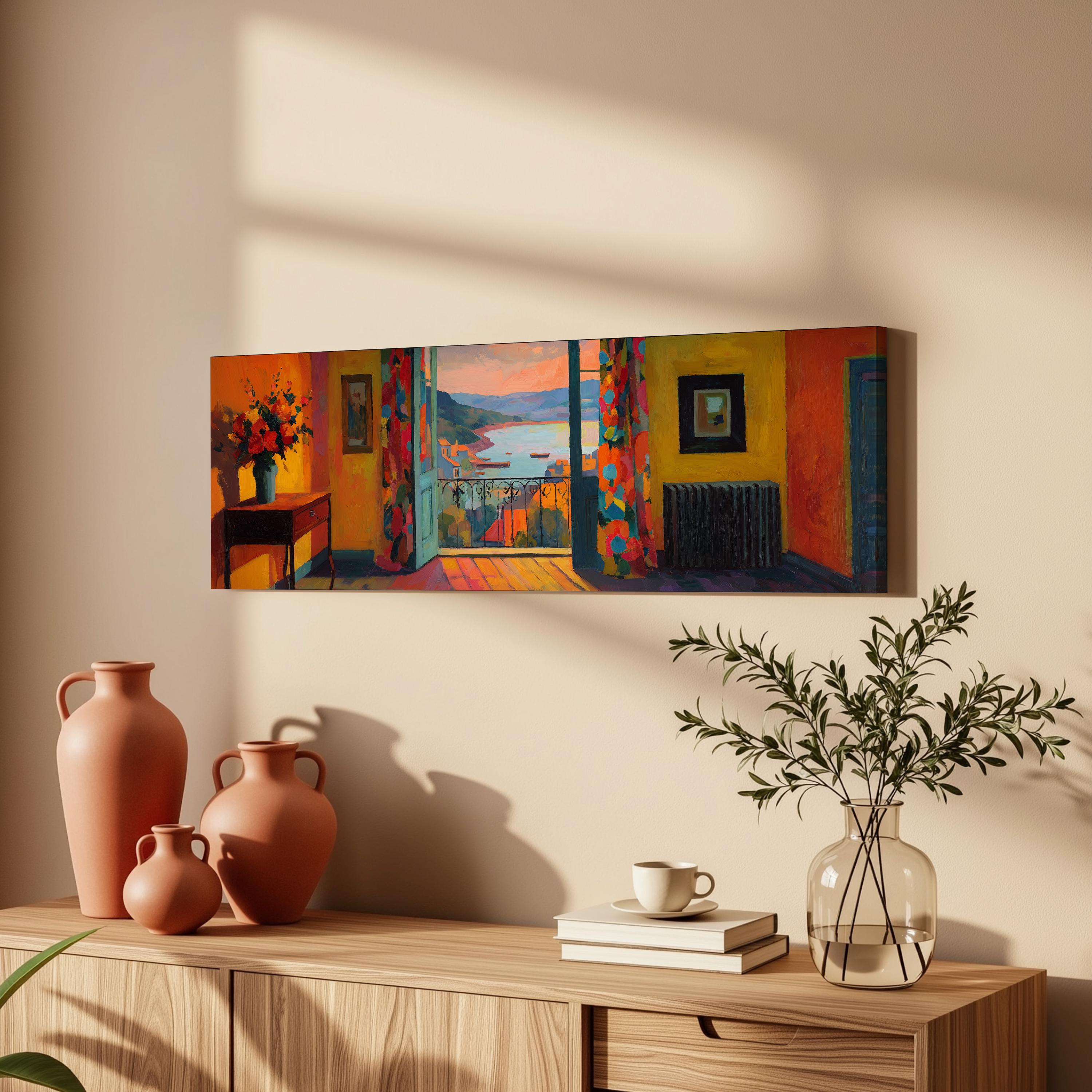 a vibrant painting of a colorful room with a balcony, hanging on a wall above a wooden dresser. The dresser has a vase, a plant, and a stack of books on it, creating a cozy and inviting atmosphere.