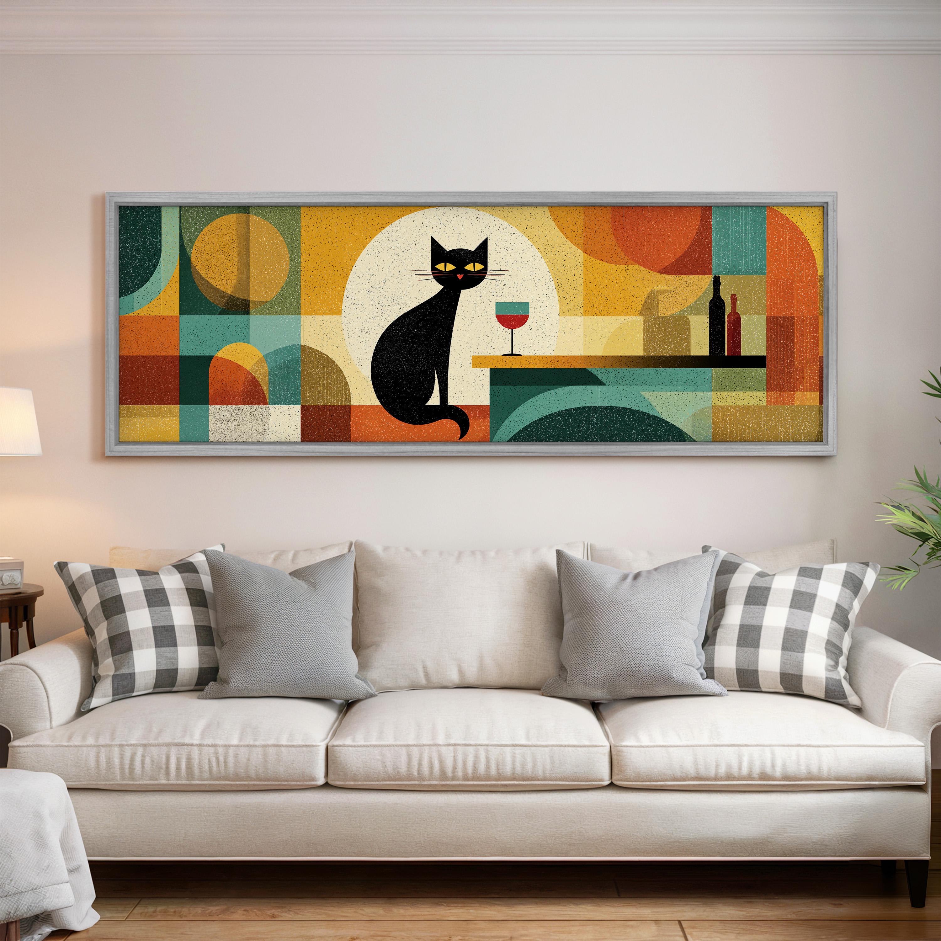 a large, colorful abstract painting hanging on a wall above a white couch with gray and white plaid throw pillows.