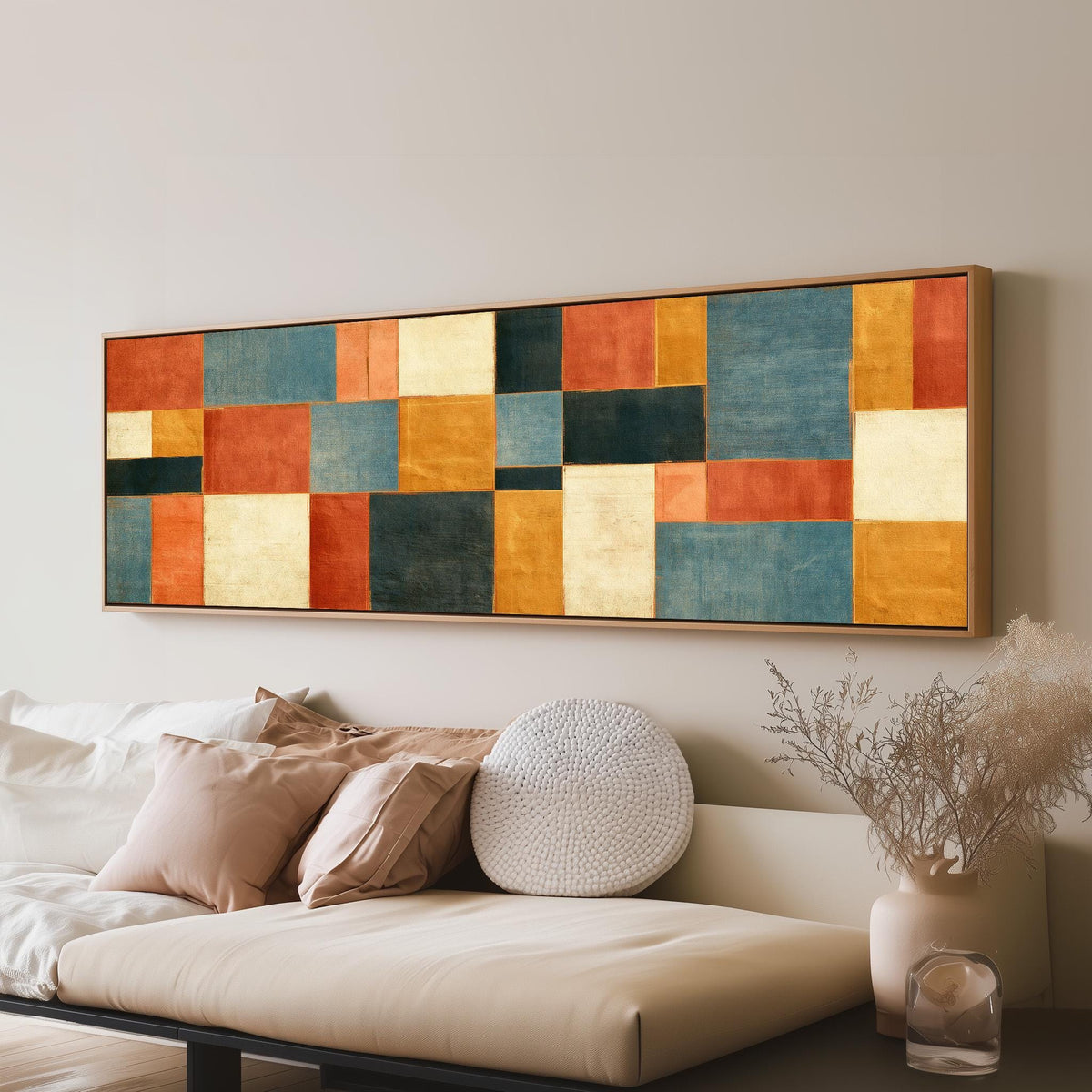 Rust, gold, navy and cream quilt blocks panoramic canvas print above a sofa in a living room