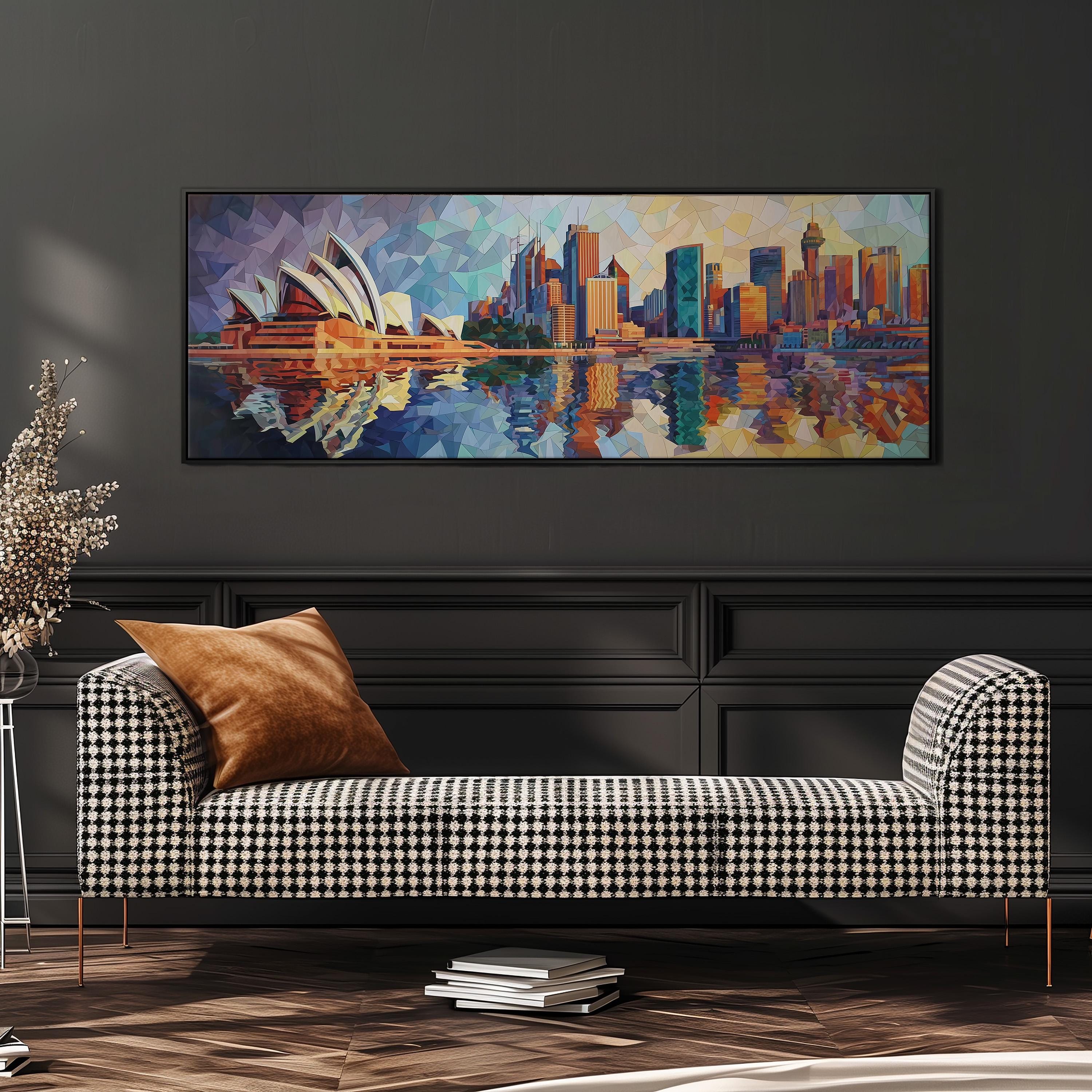 a large, colorful painting of the Sydney Opera House and the city skyline, hanging on a wall above a black and white checkered sofa.