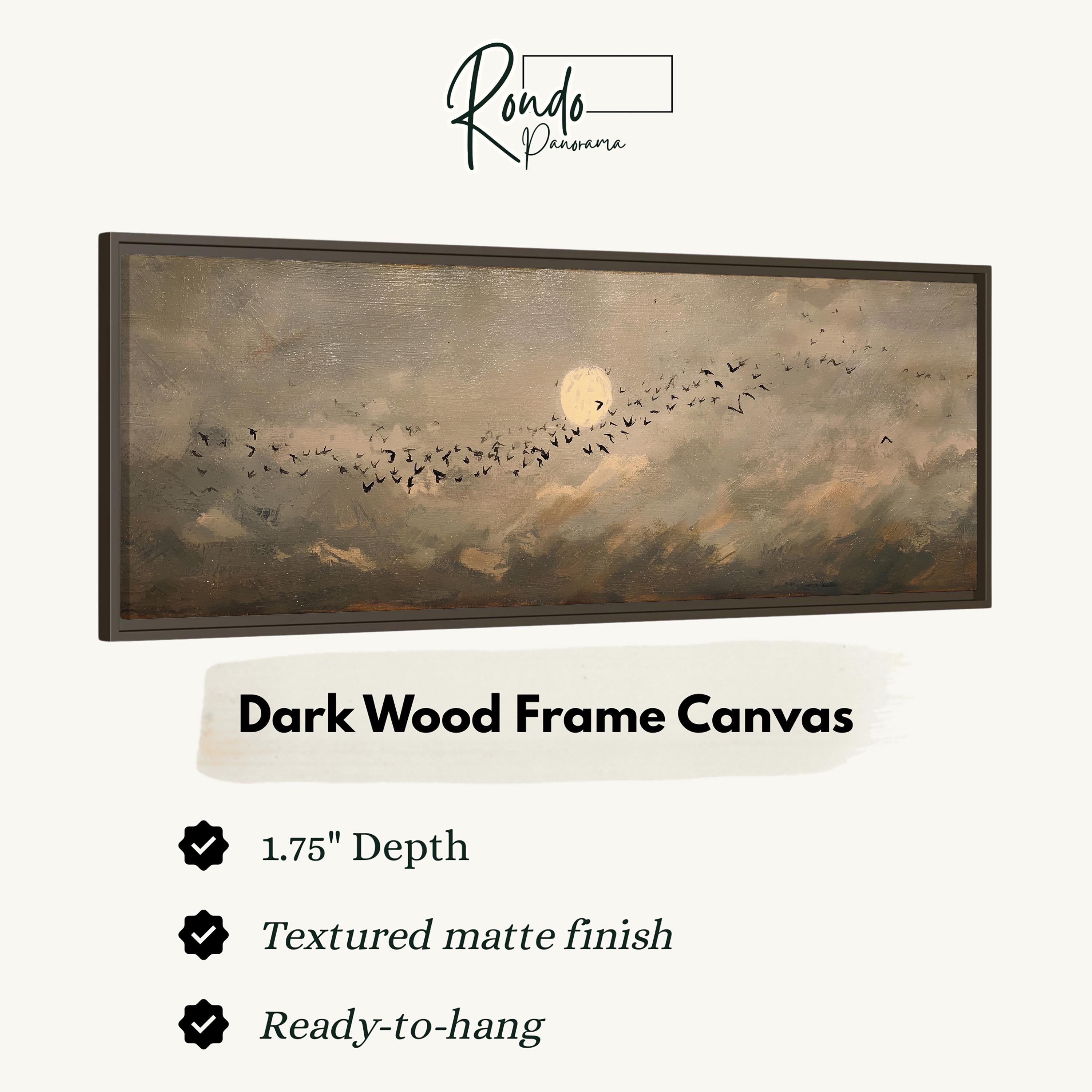 The image is a dark wood frame canvas depicting a flock of birds flying across a cloudy sky with a full moon.