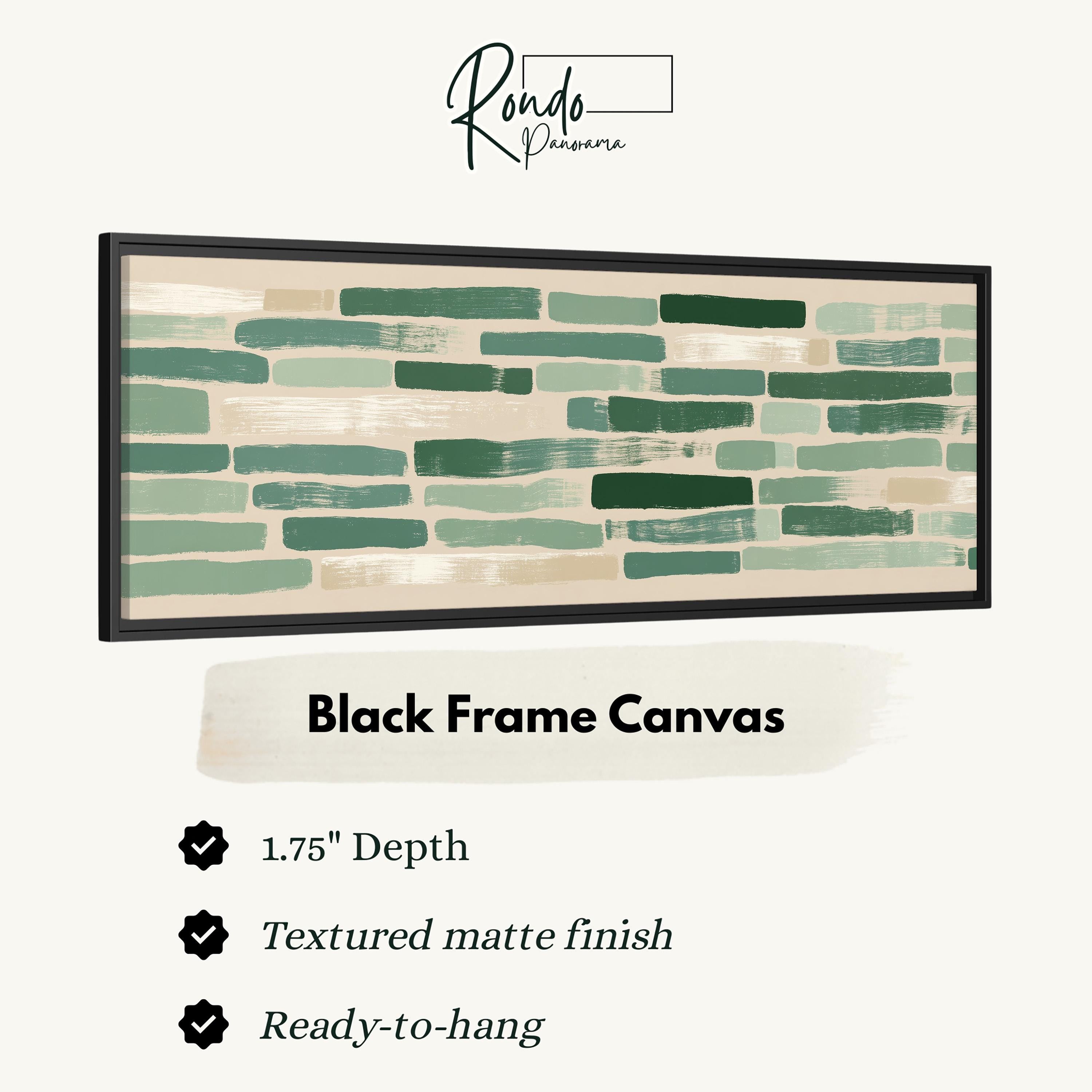 The image is a product advertisement for a black frame canvas. It features a close-up of a black frame with a green and beige abstract painting inside it. The advertisement provides details about the product, including its dimensions, finish, and hanging capabilities.