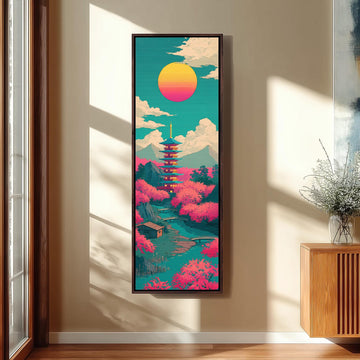 Pagoda under a pink and yellow sun long vertical canvas print in a sunlit living space