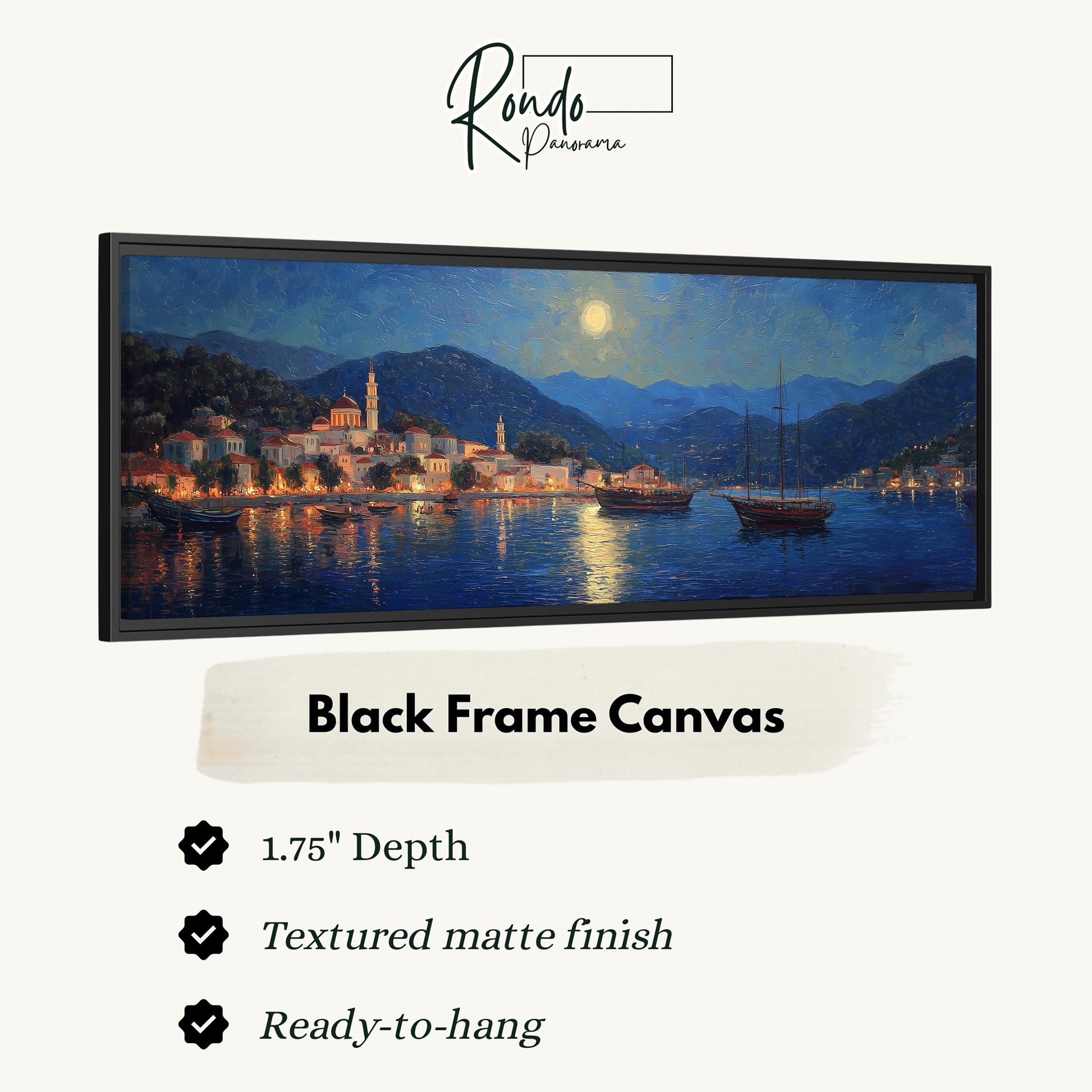 The image is a black frame canvas depicting a serene night scene with a town on the shore and boats on the water, illuminated by the moonlight.
