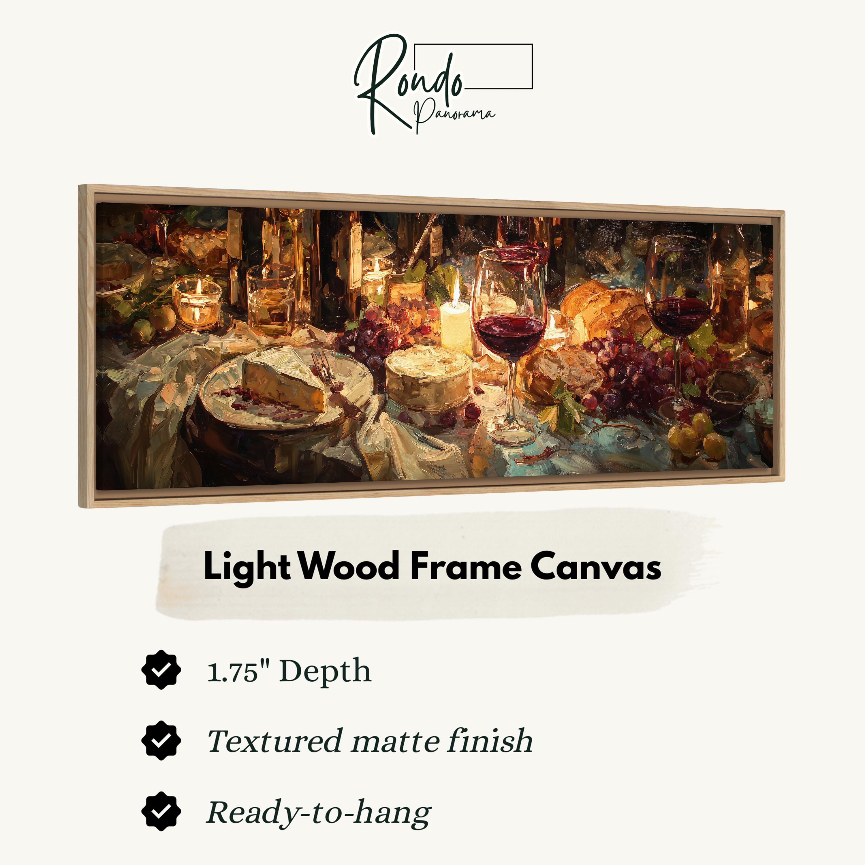 The image is a framed painting depicting a table set with food and wine, with a warm and inviting atmosphere.