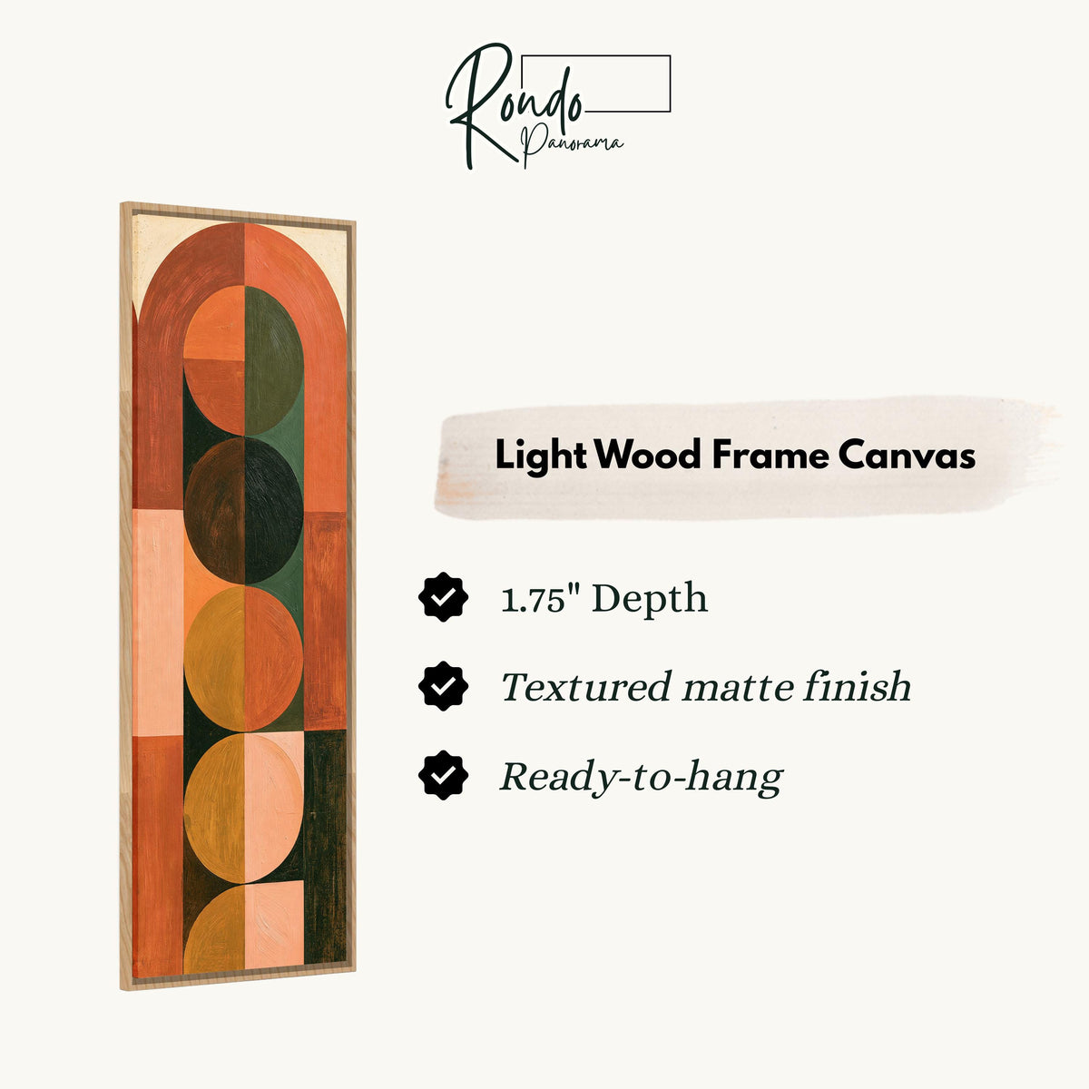 Arch and circle totem in terracotta and mustard canvas print in a light wood floating frame