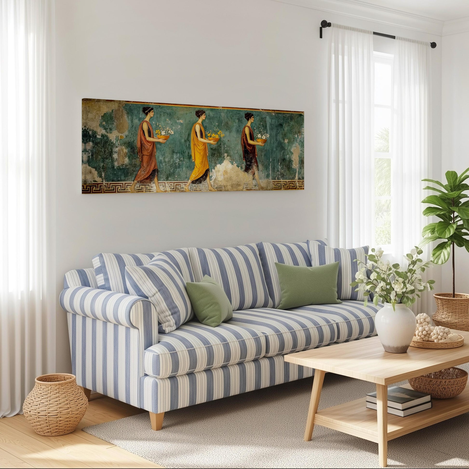 a living room with a striped blue and white sofa, a wooden coffee table, and a large painting of three women on the wall above the sofa.