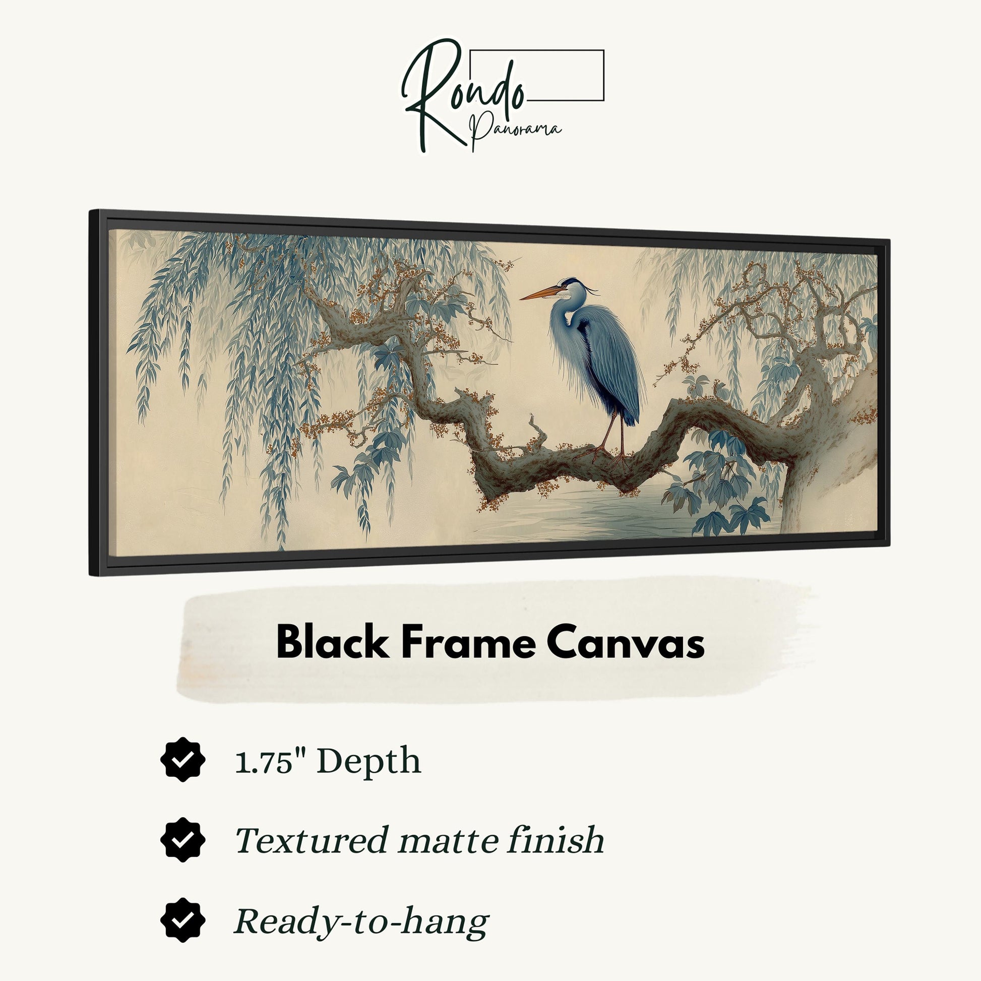 The image is a black frame canvas depicting a blue heron perched on a branch with a textured finish.