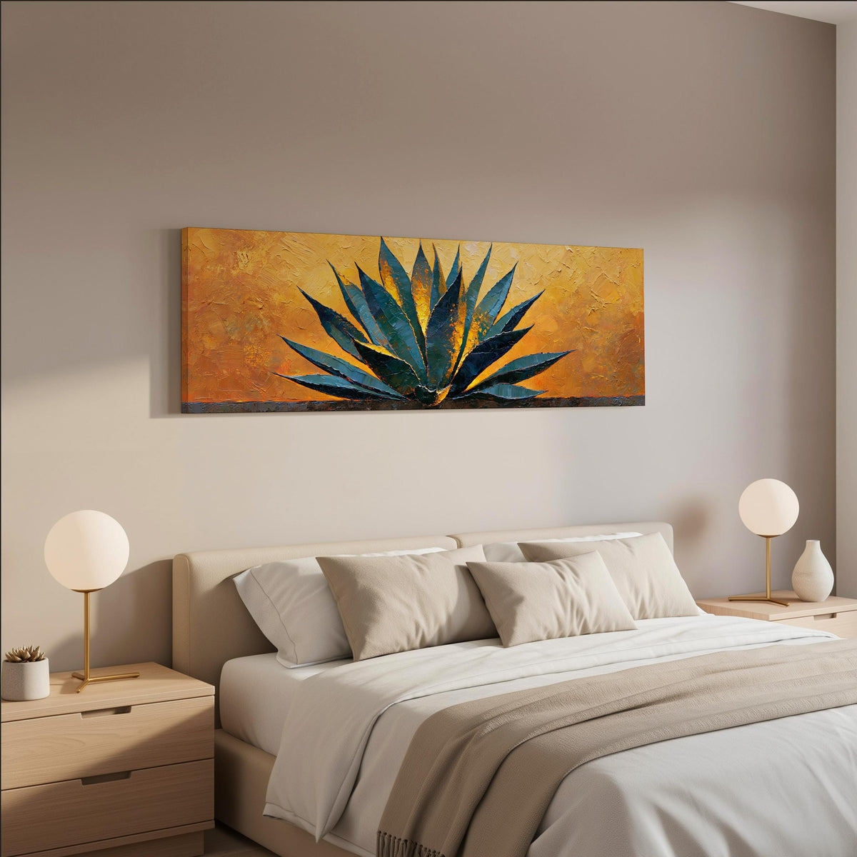 Blue agave on a textured gold background wide panoramic canvas print above a bed in a neutral bedroom