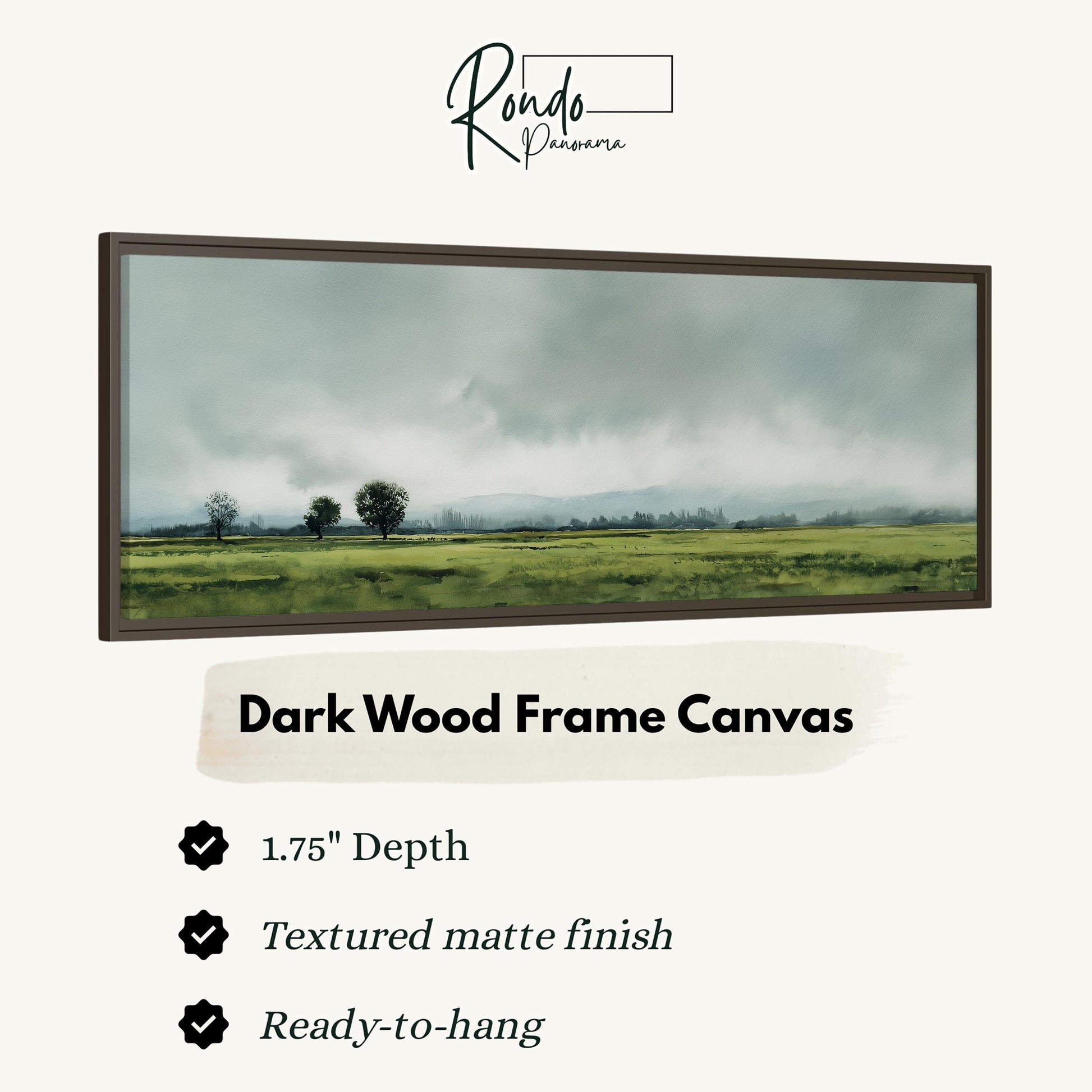 The image is a dark wood frame canvas depicting a rural landscape with a field and trees under a cloudy sky.