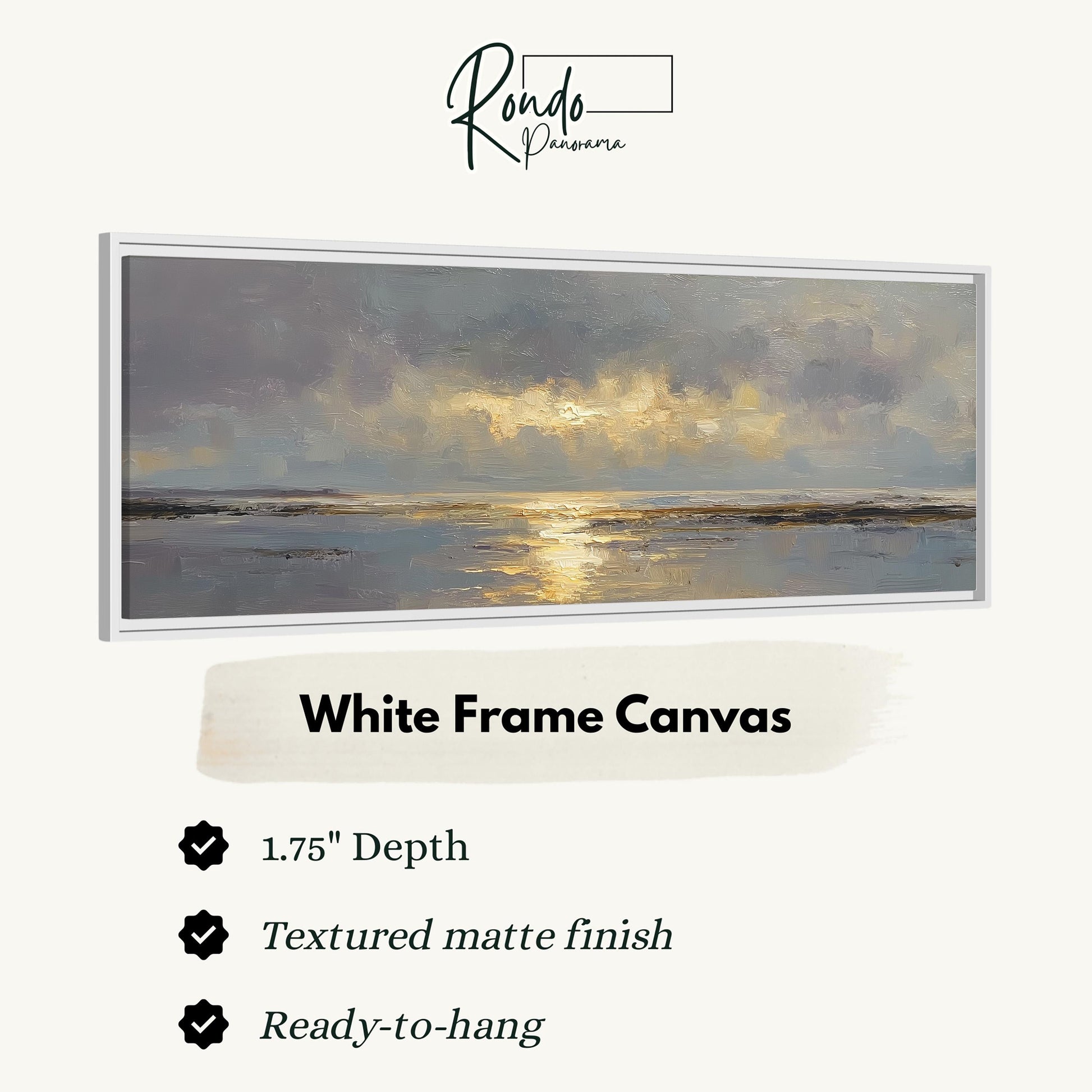 The image is a white frame canvas depicting a serene landscape with a sunset over the ocean.