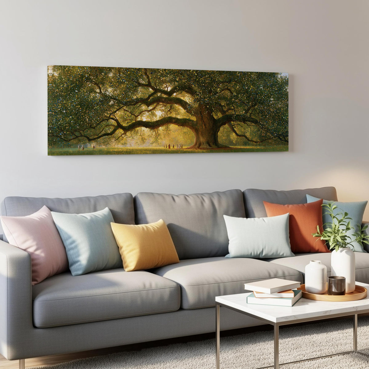 Golden oak tree in a park panoramic canvas print above a grey sofa in a living room