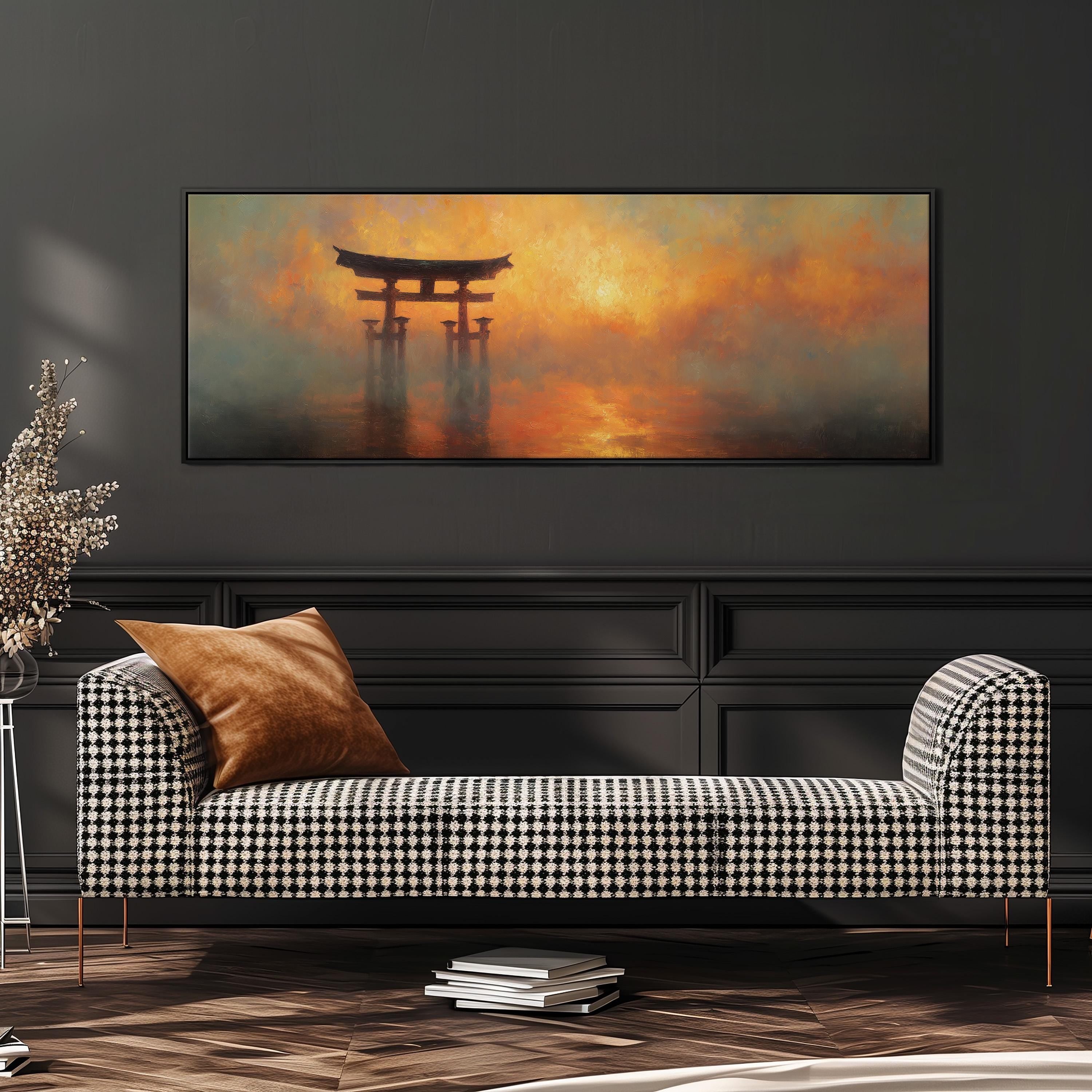 a large black and white checkered sofa with a brown throw pillow, positioned in front of a framed painting depicting a torii gate at sunset.