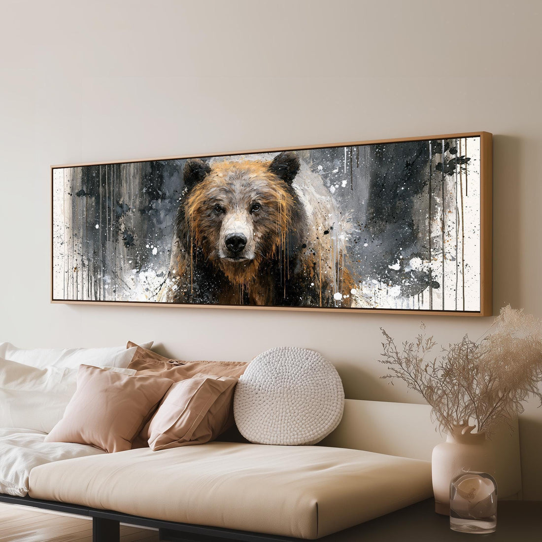 Grizzly bear grunge portrait long horizontal canvas print above a sofa in a living room