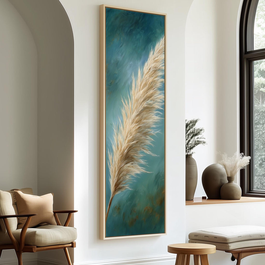a large painting of a feather hanging on a wall, with a wooden chair and a small table in the foreground.
