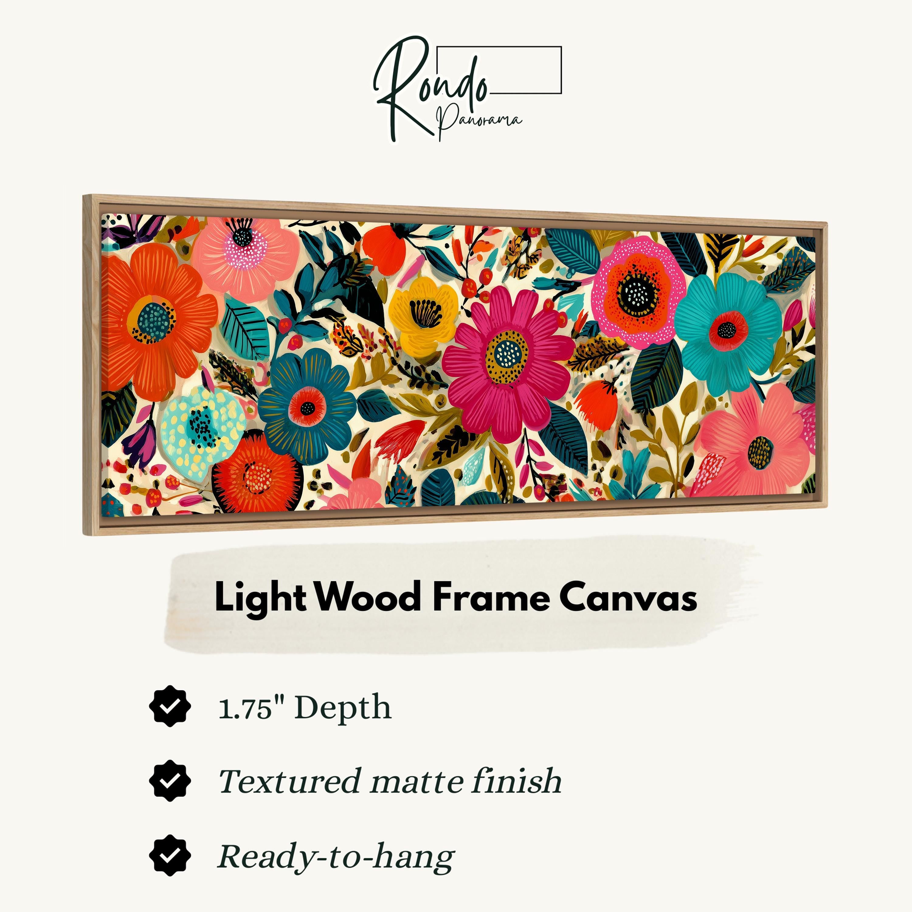 The image is a framed artwork featuring a vibrant floral design with various colors and patterns.