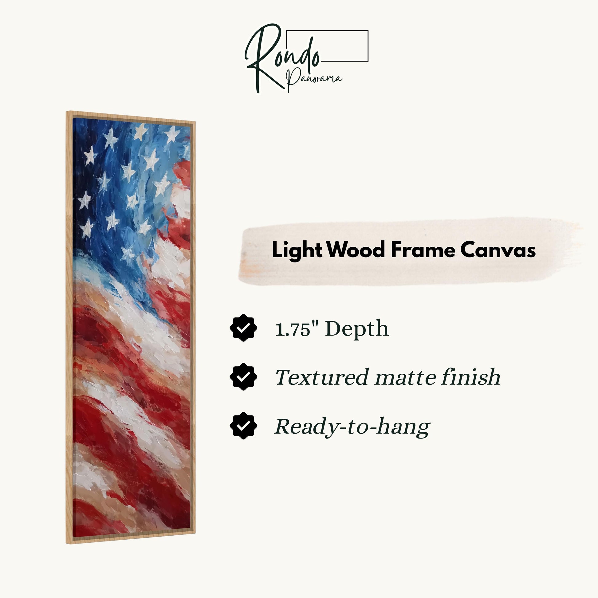 The image is a light wood frame canvas depicting the American flag.