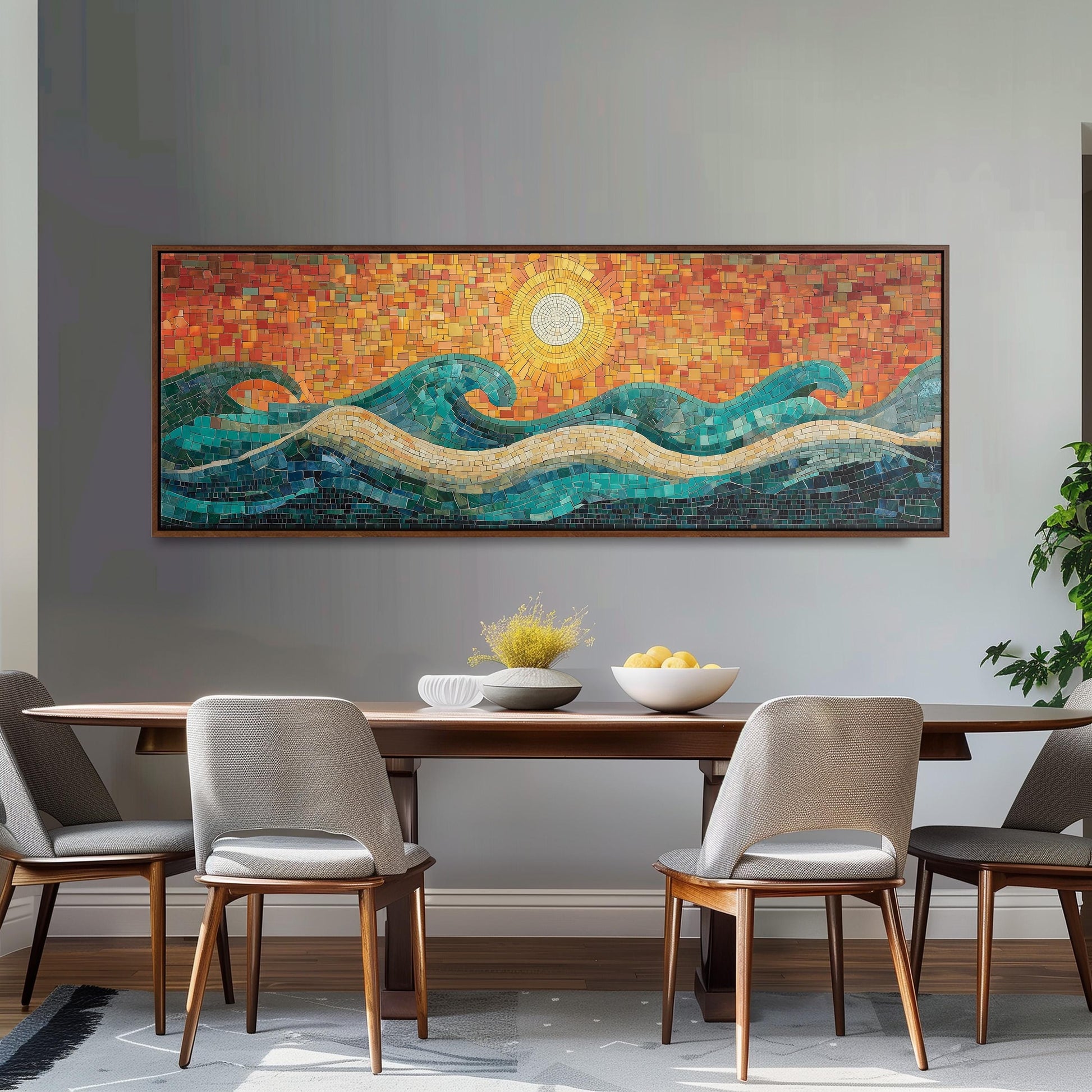 a dining room with a large, colorful mosaic artwork hanging on the wall above a wooden dining table. The table is set with a bowl of fruit and a vase of flowers, creating a warm and inviting atmosphere.