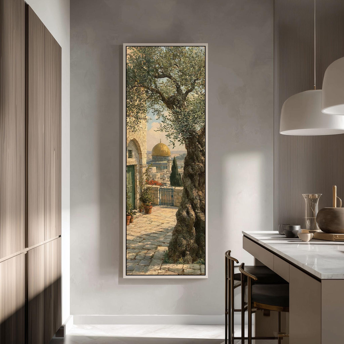 Ancient olive tree near the golden dome tall skinny canvas print in a modern kitchen