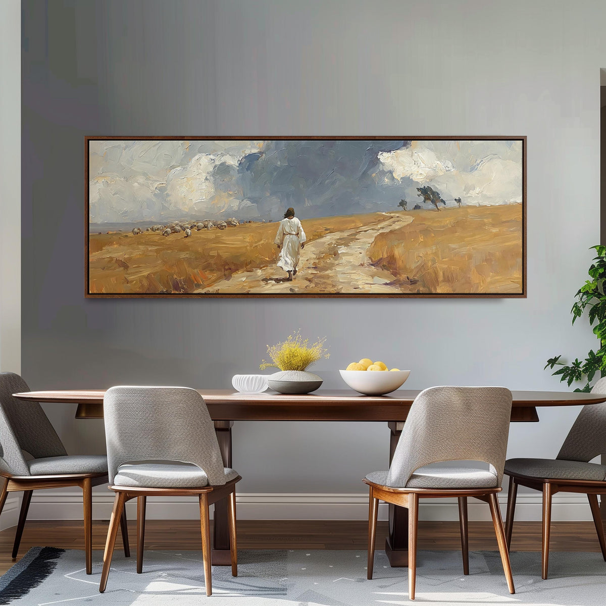 Jesus walking a field path with grazing sheep long horizontal canvas print above a dining table