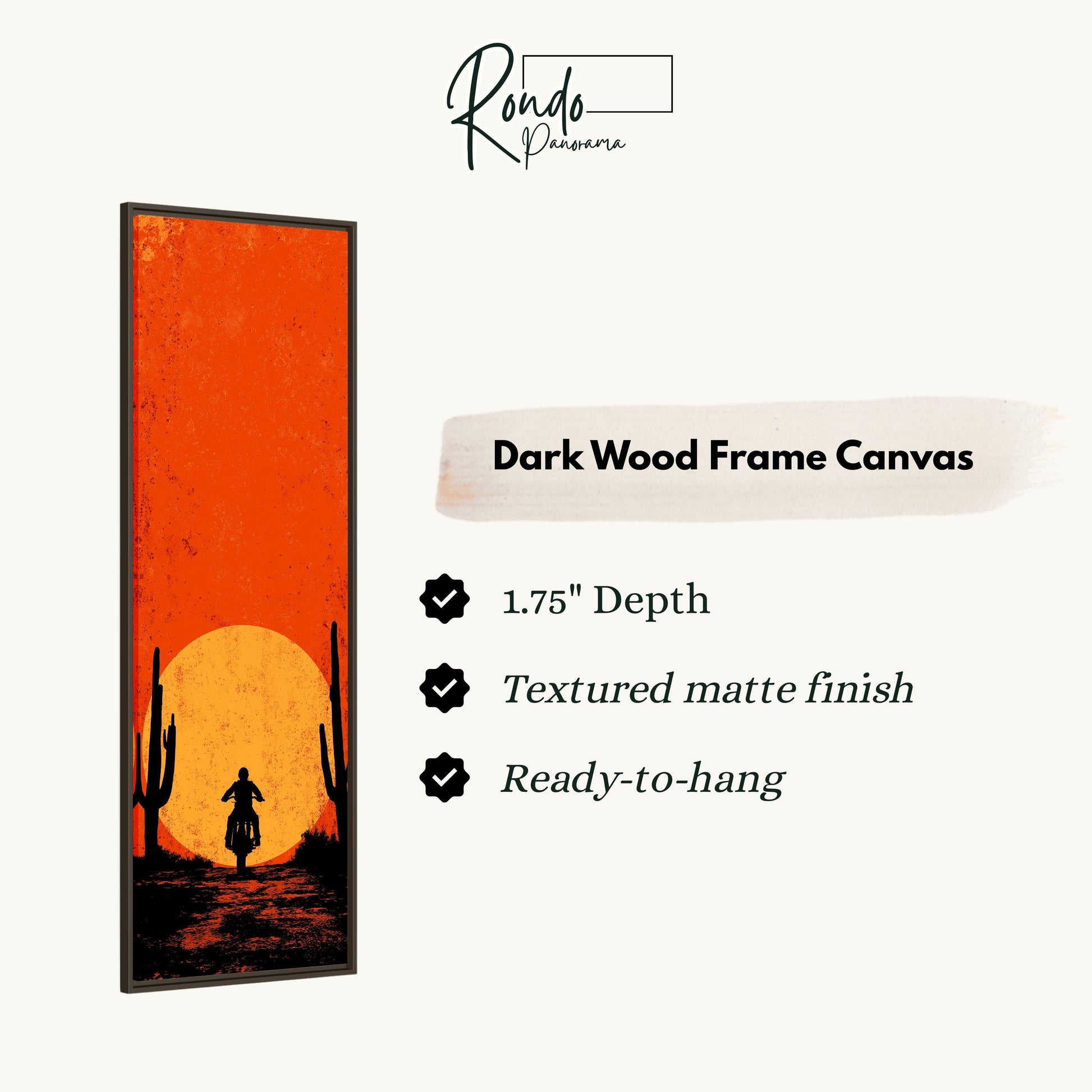 The image is a dark wood frame canvas depicting a silhouette of a person riding a motorcycle against a sunset background.