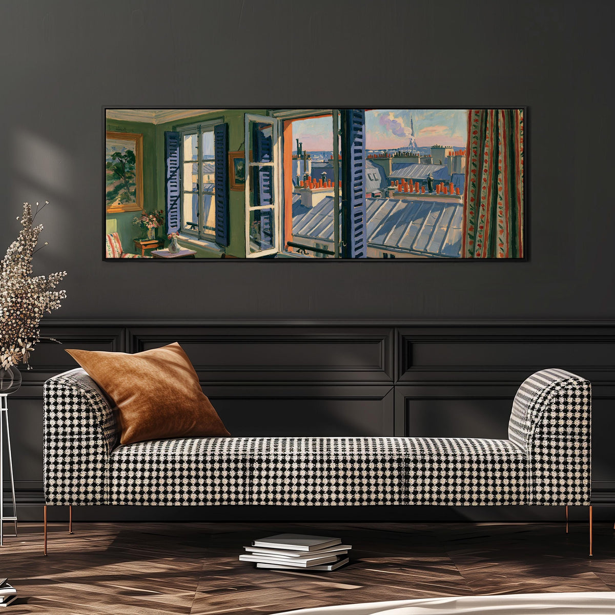 Paris chimneys and rooftops from a sunny window wide panoramic canvas print above a bench in a dark living room