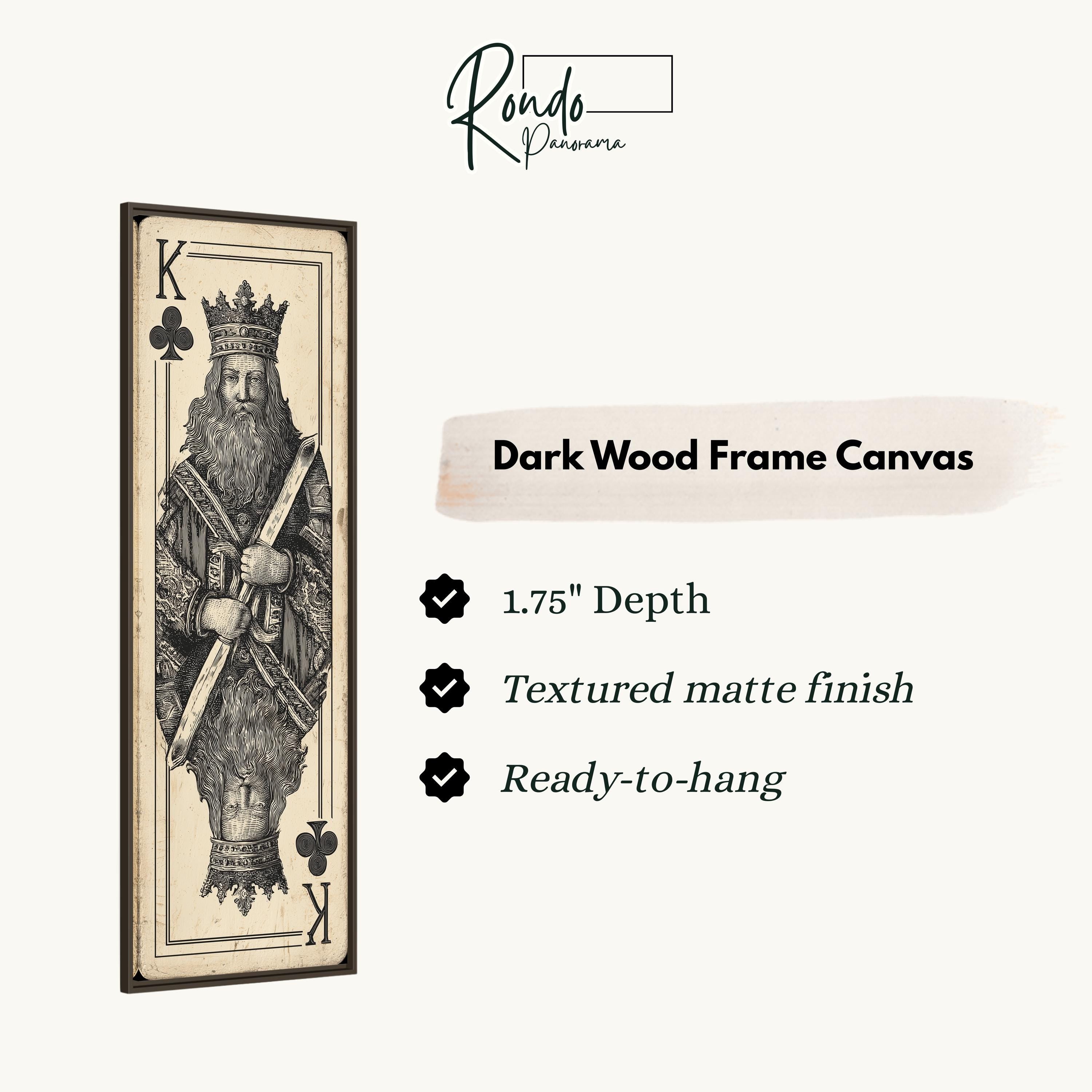 a dark wood frame canvas depicting a king of clubs, a classic symbol of luck and power.