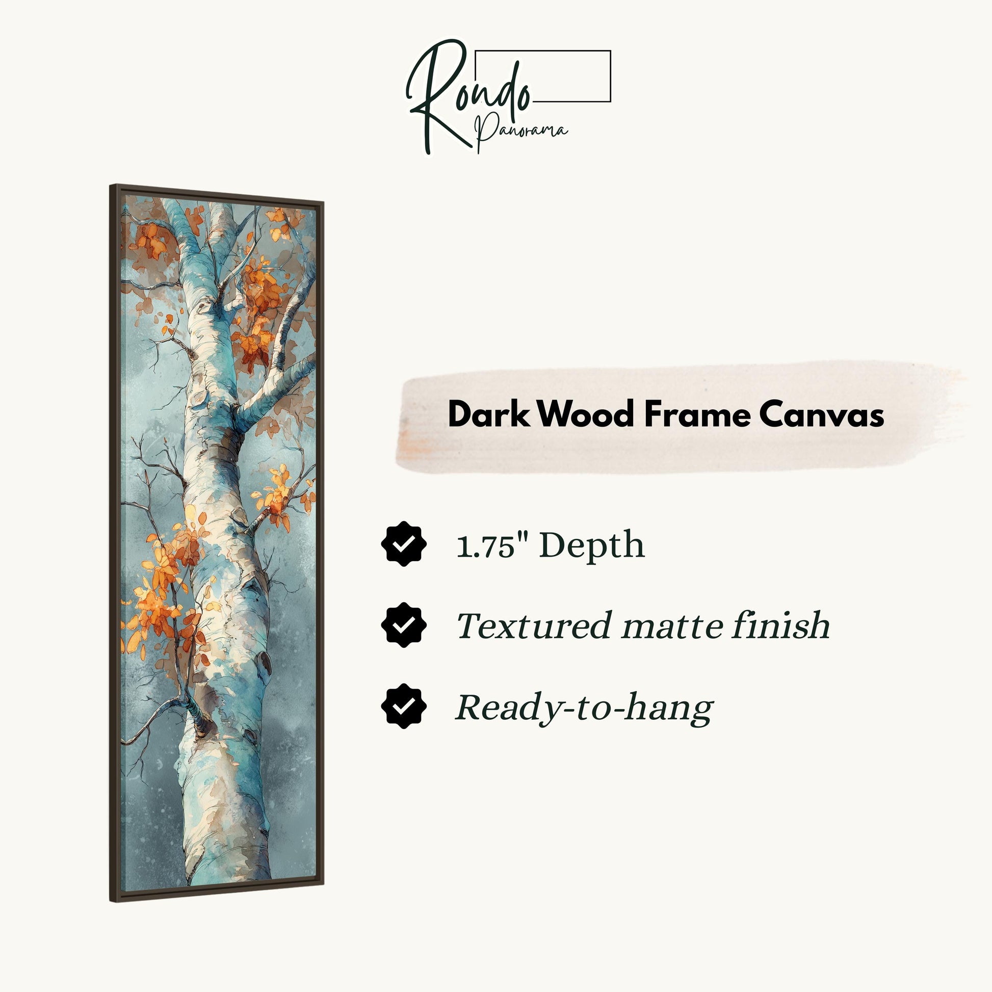 The image is a vertical text box with information about a dark wood frame canvas.