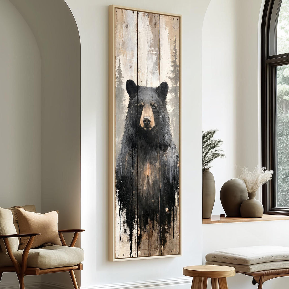 Black bear on weathered barn wood long vertical canvas print in a sunlit living space