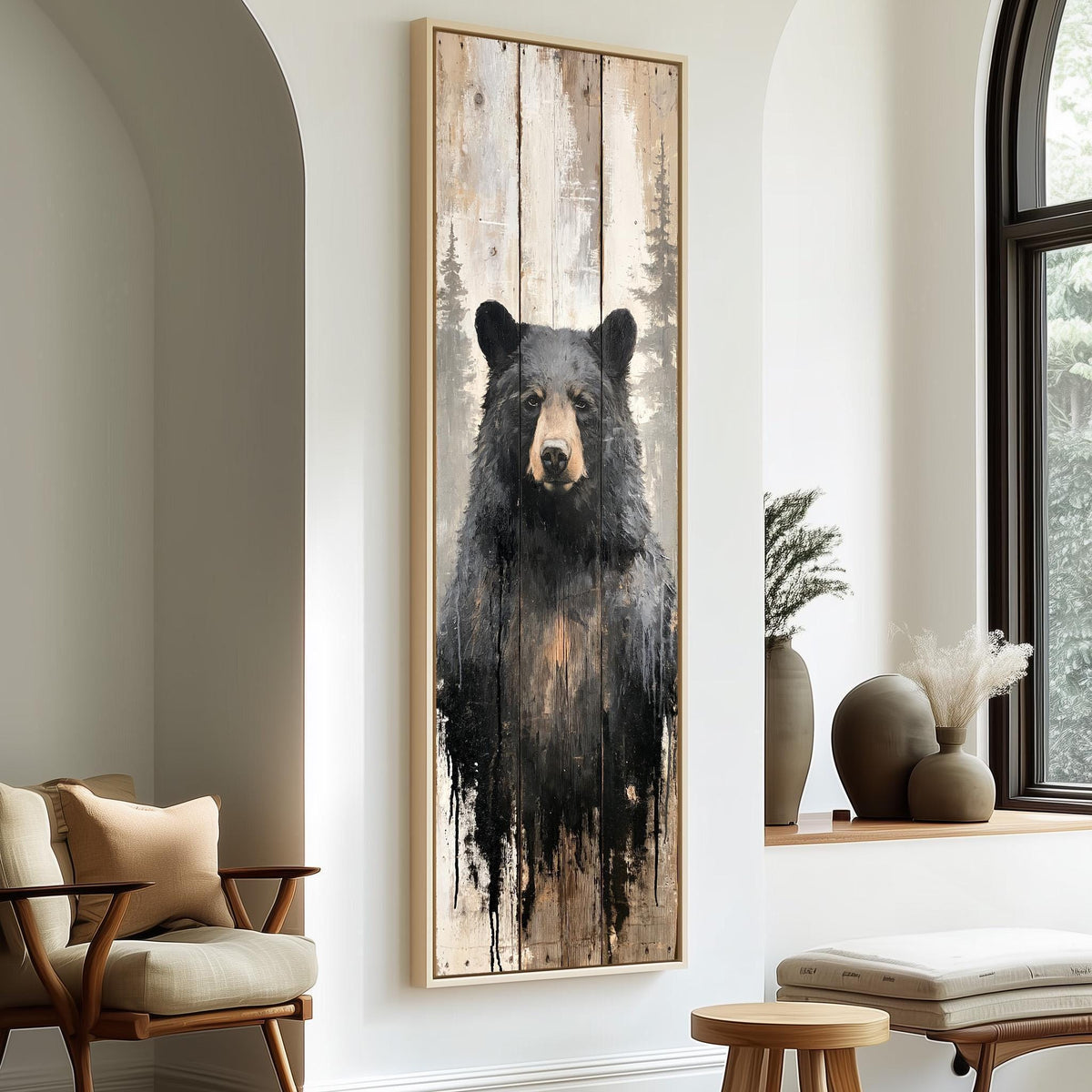 Black bear on weathered barn wood long vertical canvas print in a sunlit living space