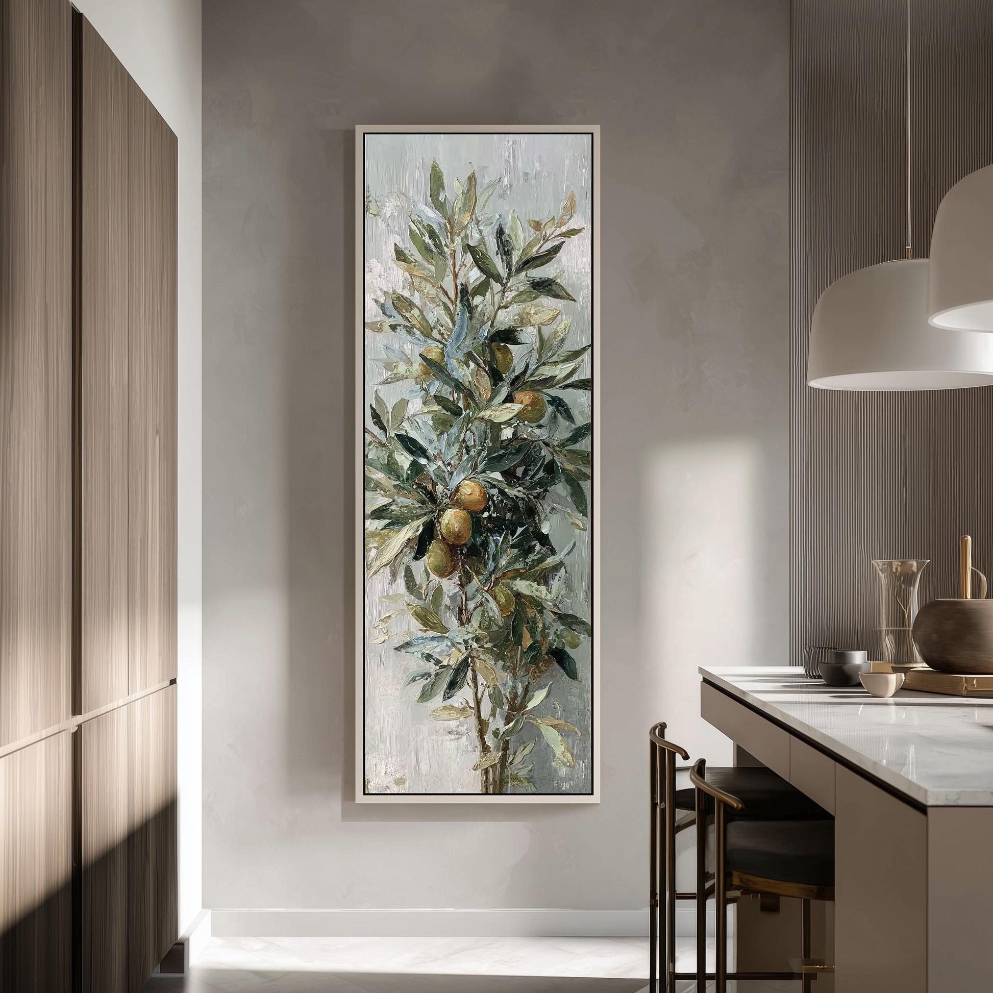 a large painting of a tree with green leaves and orange fruits hanging on a wall in a modern kitchen.