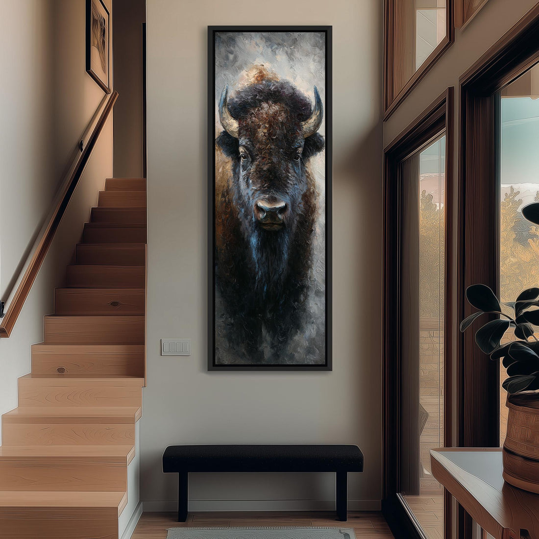 a large painting of a buffalo's face hanging on the wall of a hallway.