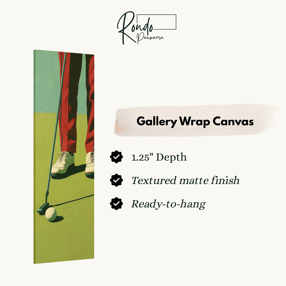 Golfer in red trousers lining up a putt gallery wrap canvas with the image wrapped around the edges