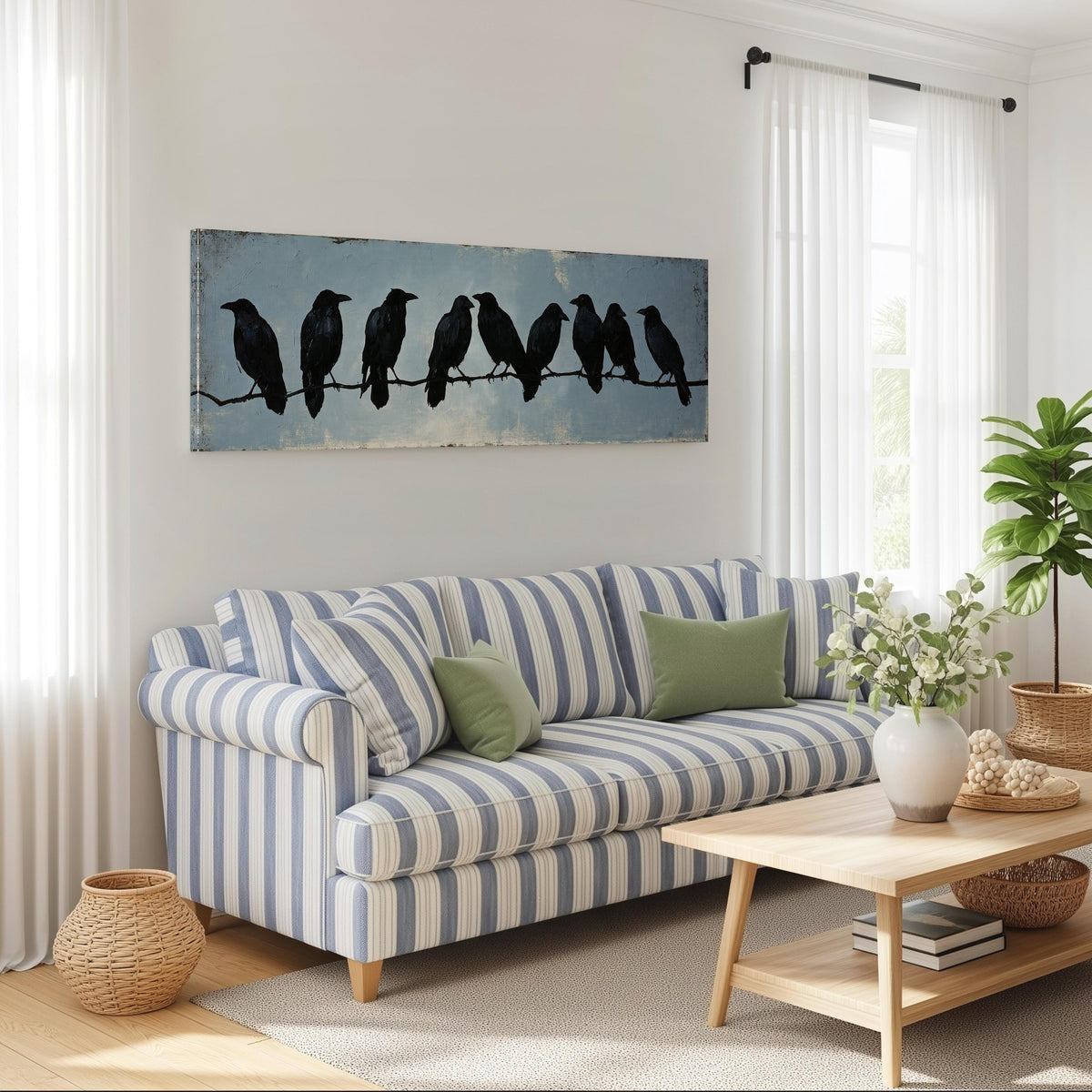 Crows gathered on a branch long horizontal canvas print above a striped sofa in a coastal living room
