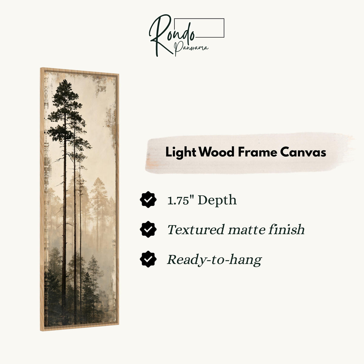 Tall pines in fog canvas print in a light wood floating frame